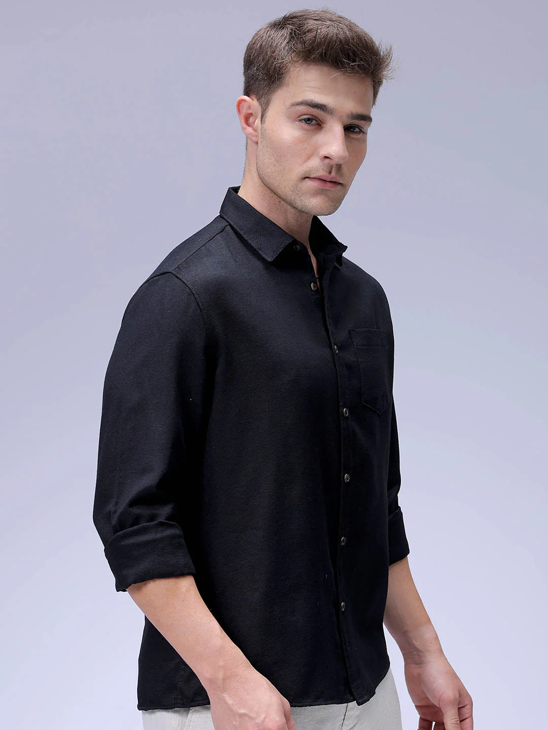 Men's Black Regular Fit Solid Textured Shirt - Image 4