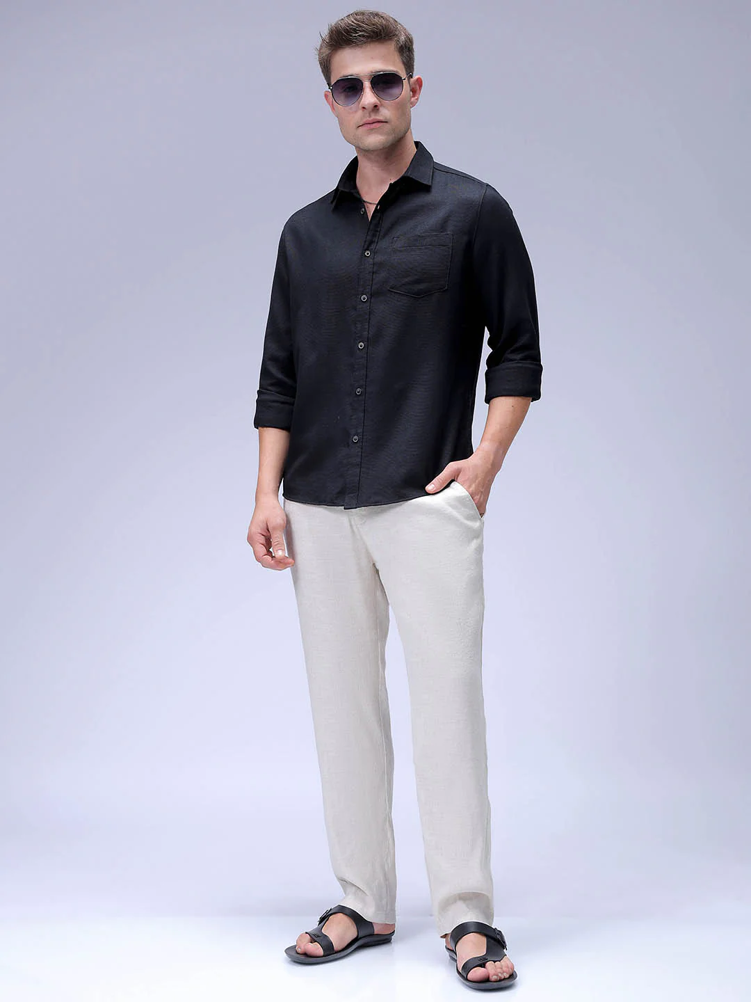 Men's Black Regular Fit Solid Textured Shirt - Image 6