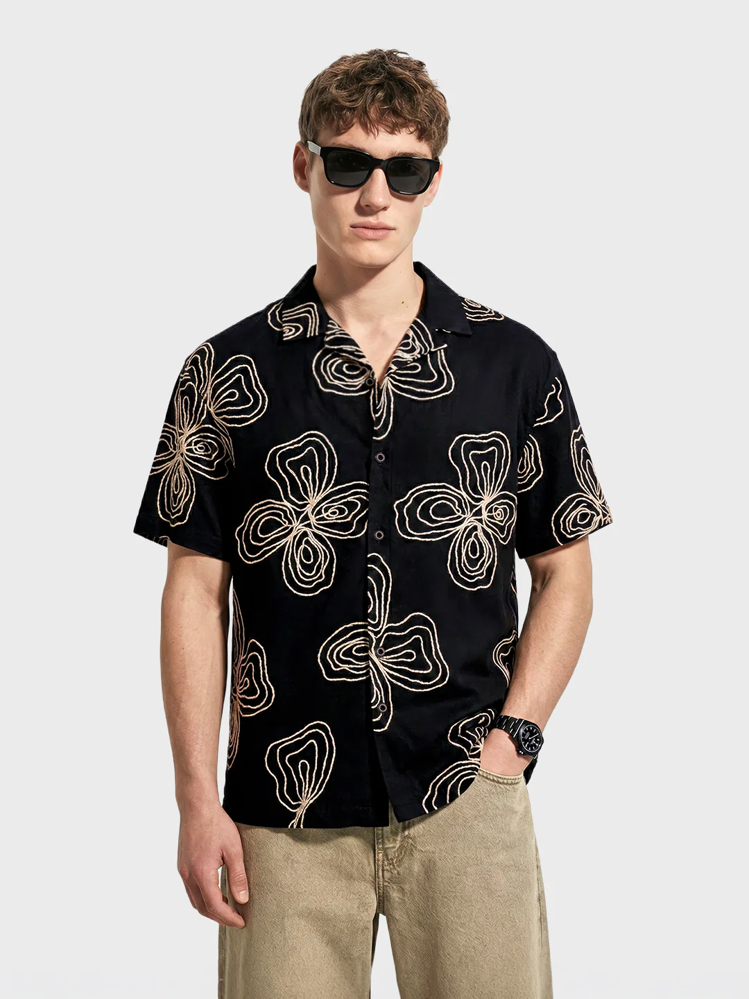 Men's Black Relaxed Fit Textured Embroidered Shirt - Image 2
