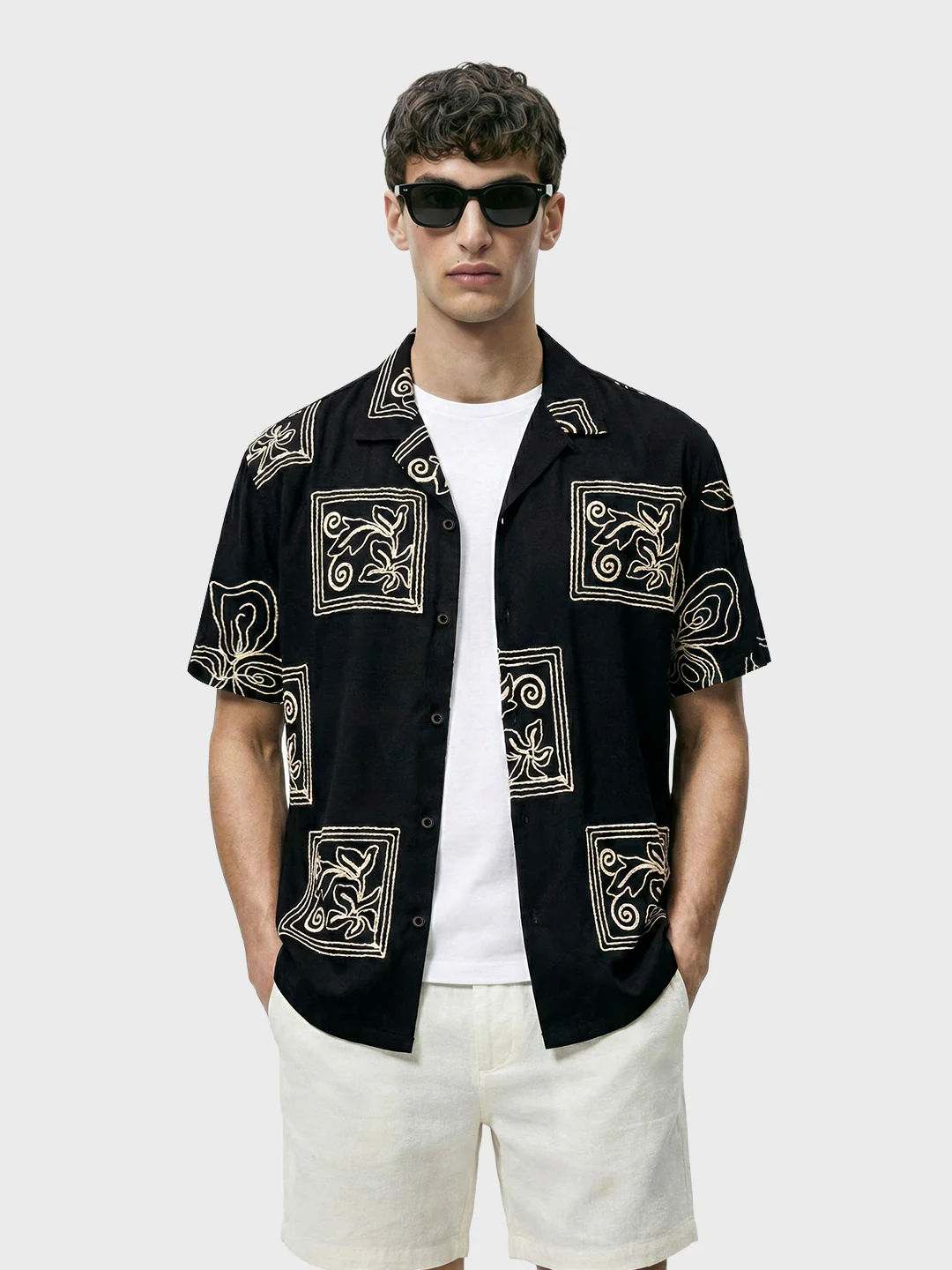Men's Black Relaxed Fit Textured Embroidered Shirt - Image 2