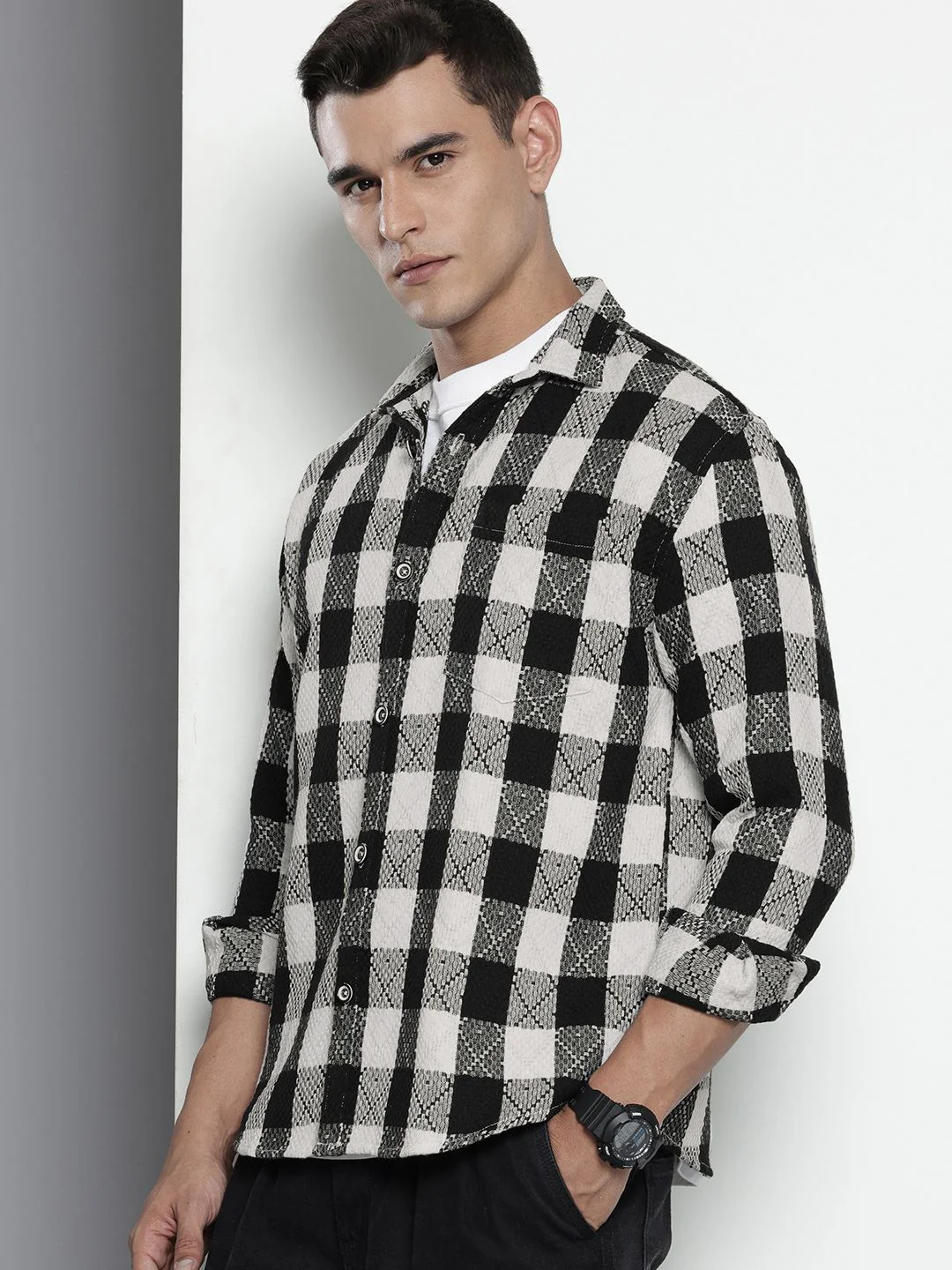 Men's Black Relaxed Fit Checkered Textured Shirt - Image 2
