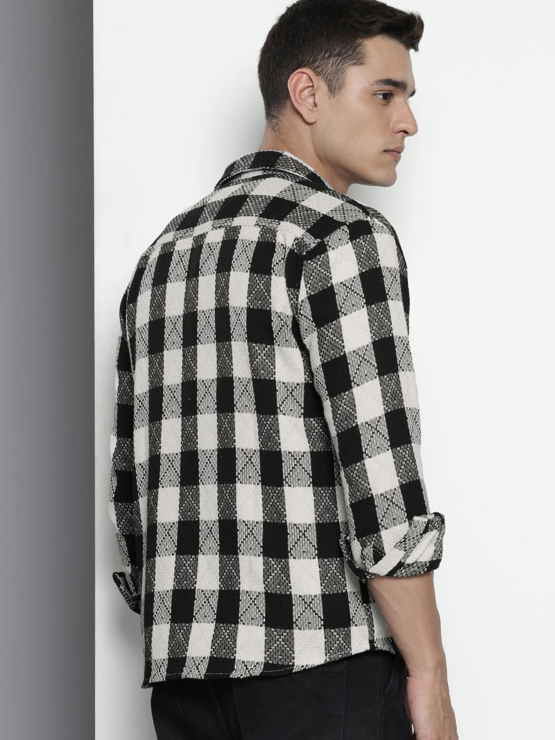 Men's Black Relaxed Fit Checkered Textured Shirt - Image 3