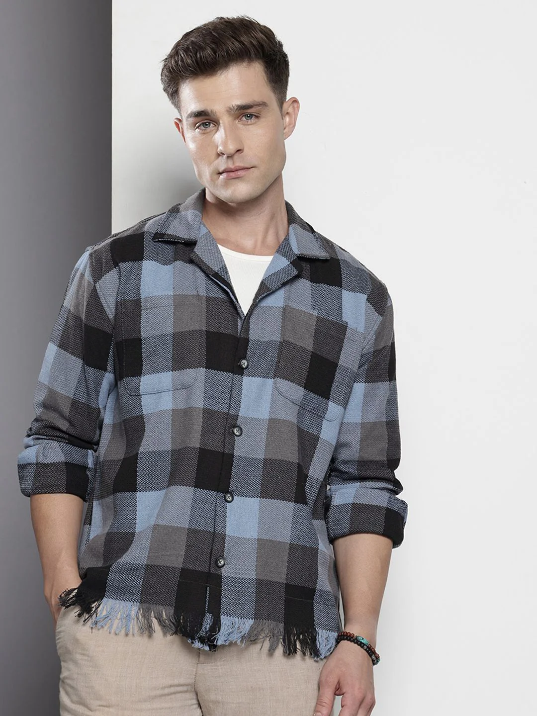 Men's Black Relaxed Fit Checkered Bohemian Printed Shirt - Image 2