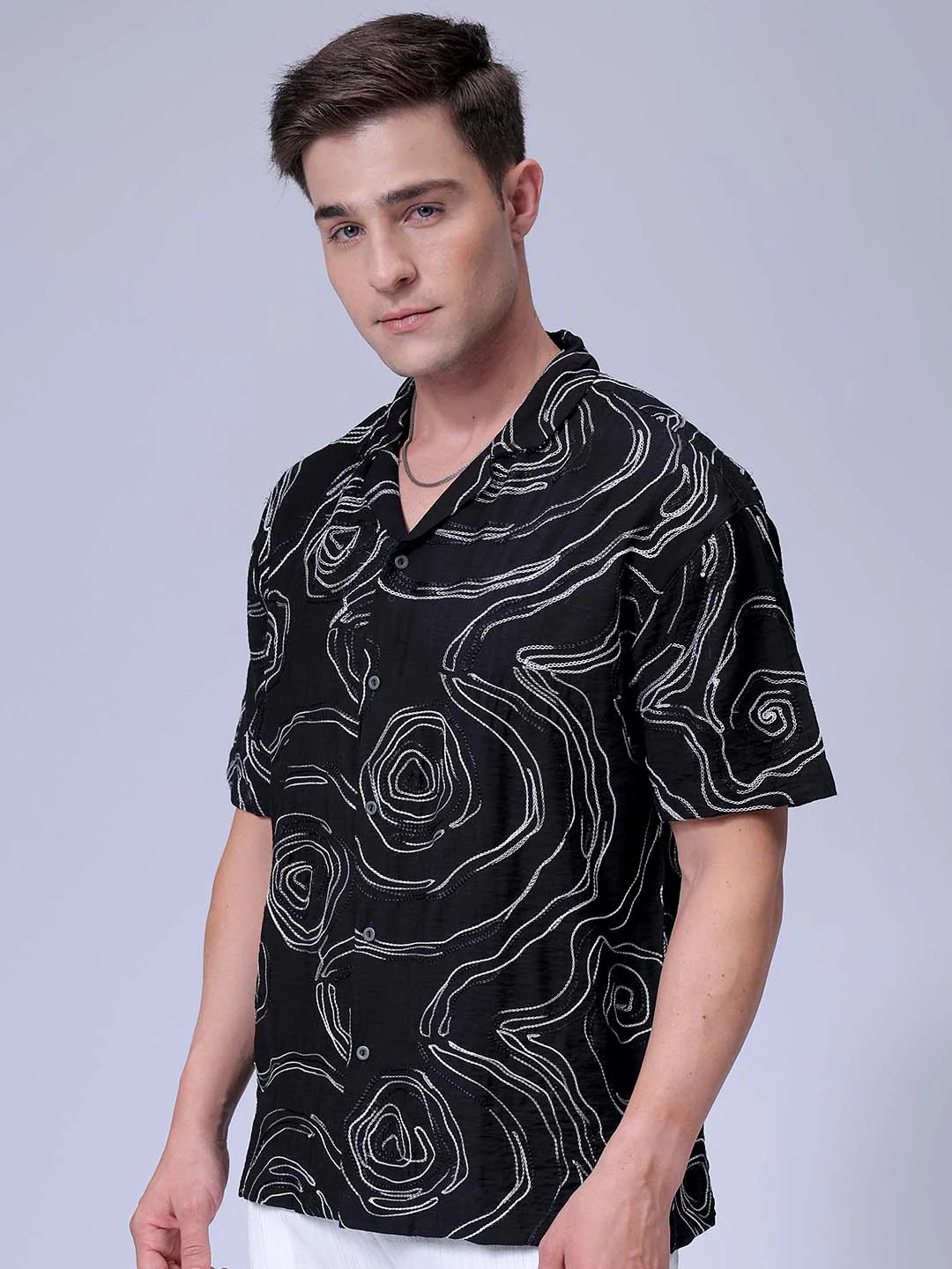 Men's Black Relaxed Fit Embroided Resort Wear Shirt - Image 2