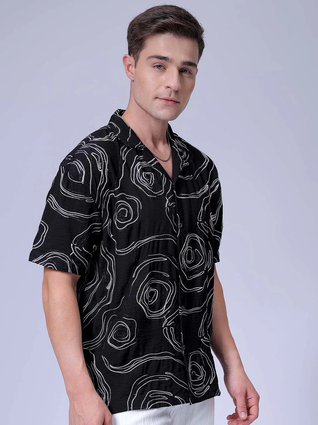 Men's Black Relaxed Fit Embroided Resort Wear Shirt - Image 3