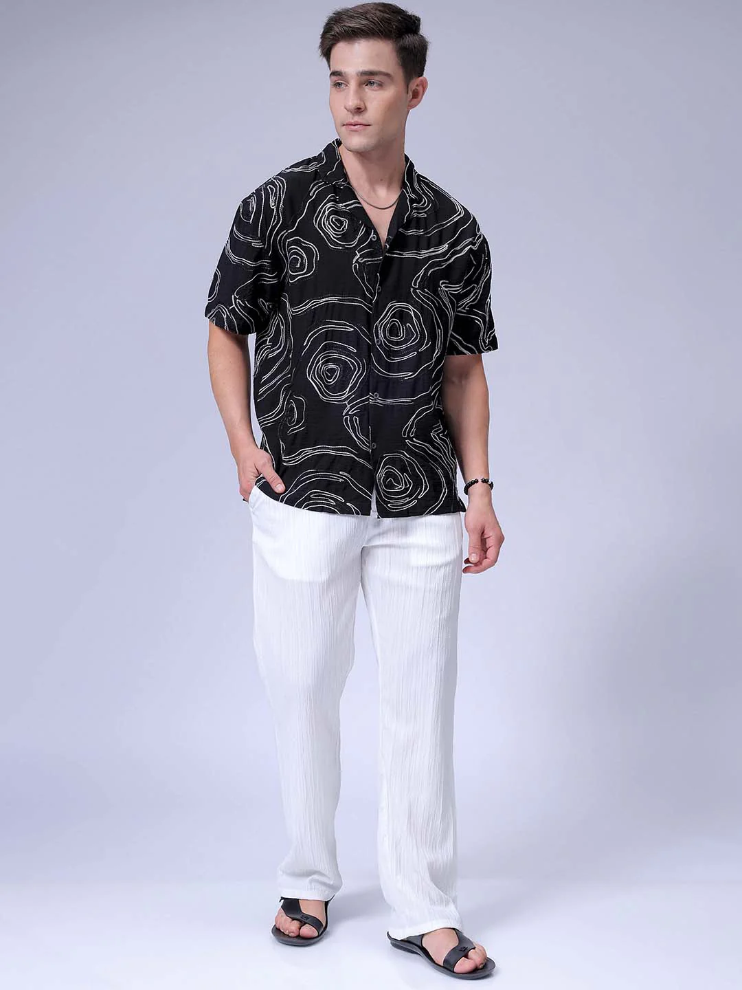 Men's Black Relaxed Fit Embroided Resort Wear Shirt - Image 4