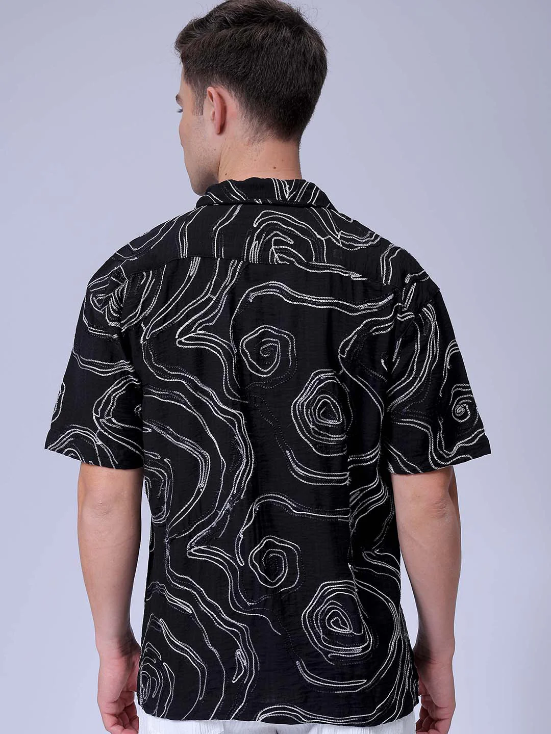 Men's Black Relaxed Fit Embroided Resort Wear Shirt - Image 5