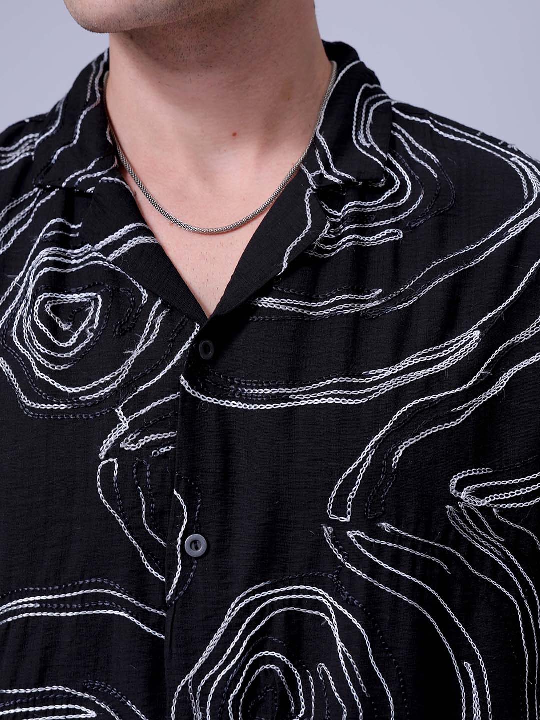 Men's Black Relaxed Fit Embroided Resort Wear Shirt - Image 6