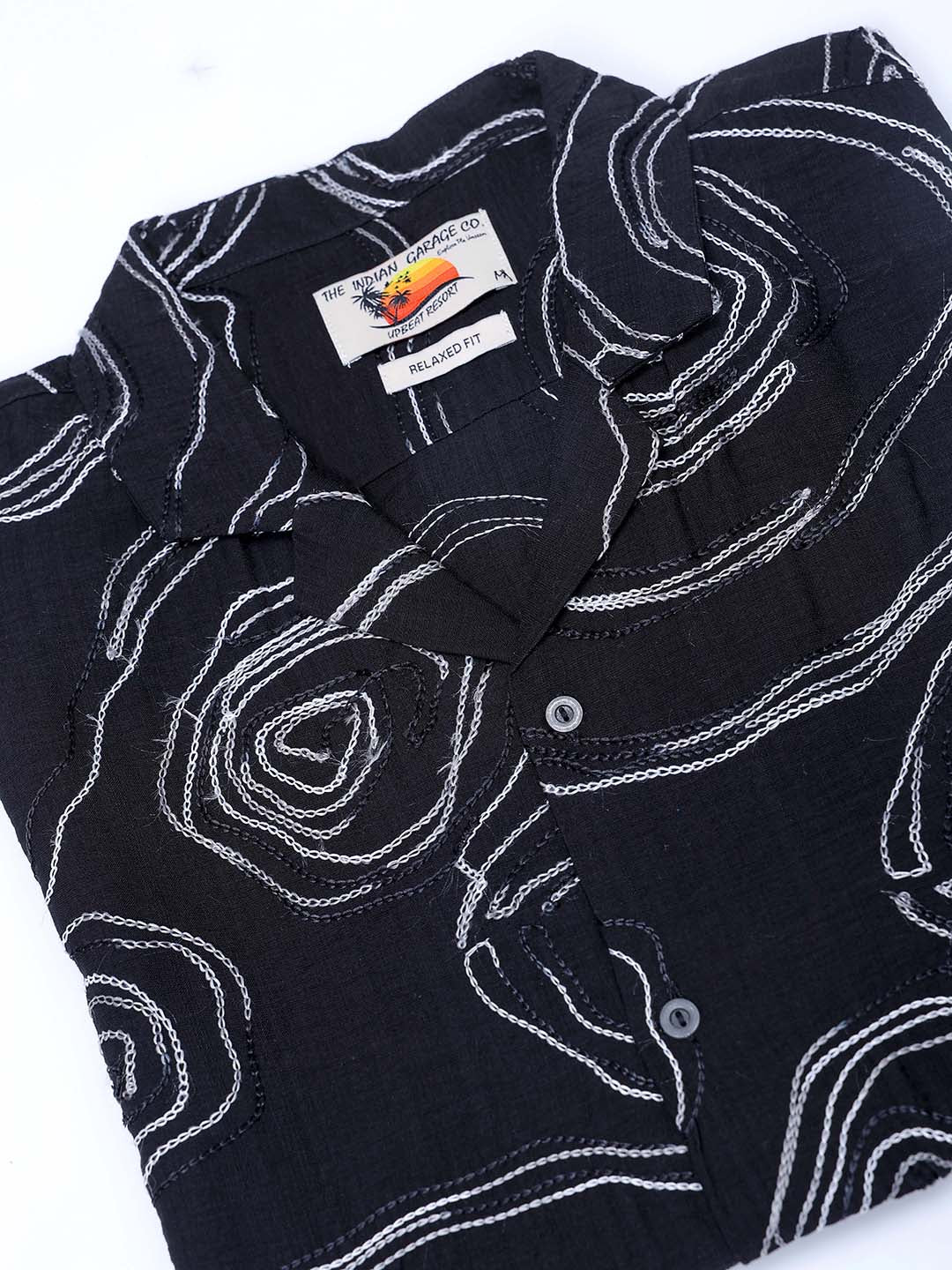 Men's Black Relaxed Fit Embroided Resort Wear Shirt - Image 7