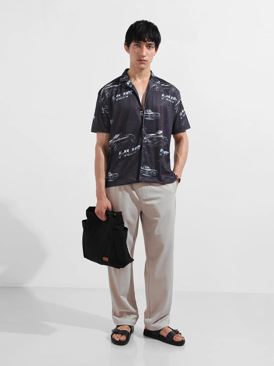 Men's Black Relaxed Fit Printed Resort Shirt - Image 2