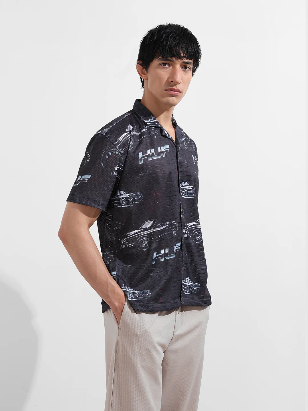 Men's Black Relaxed Fit Printed Resort Shirt - Image 3