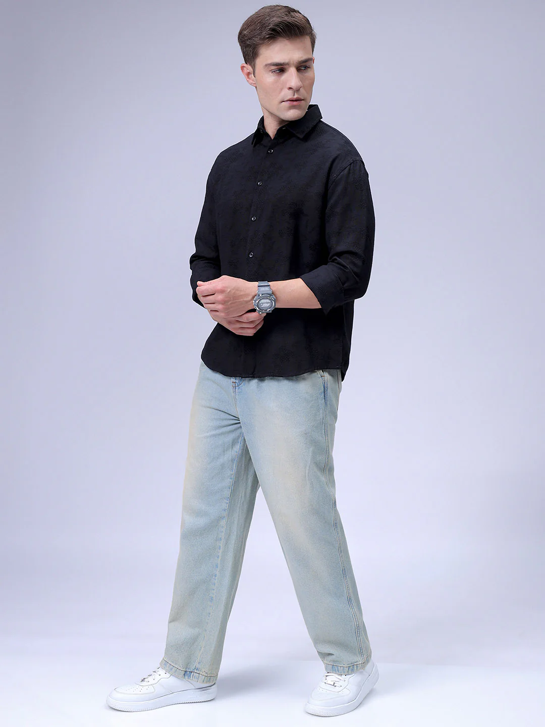 Men's Black Relaxed Fit Solid Resort Wear Shirt - Image 2