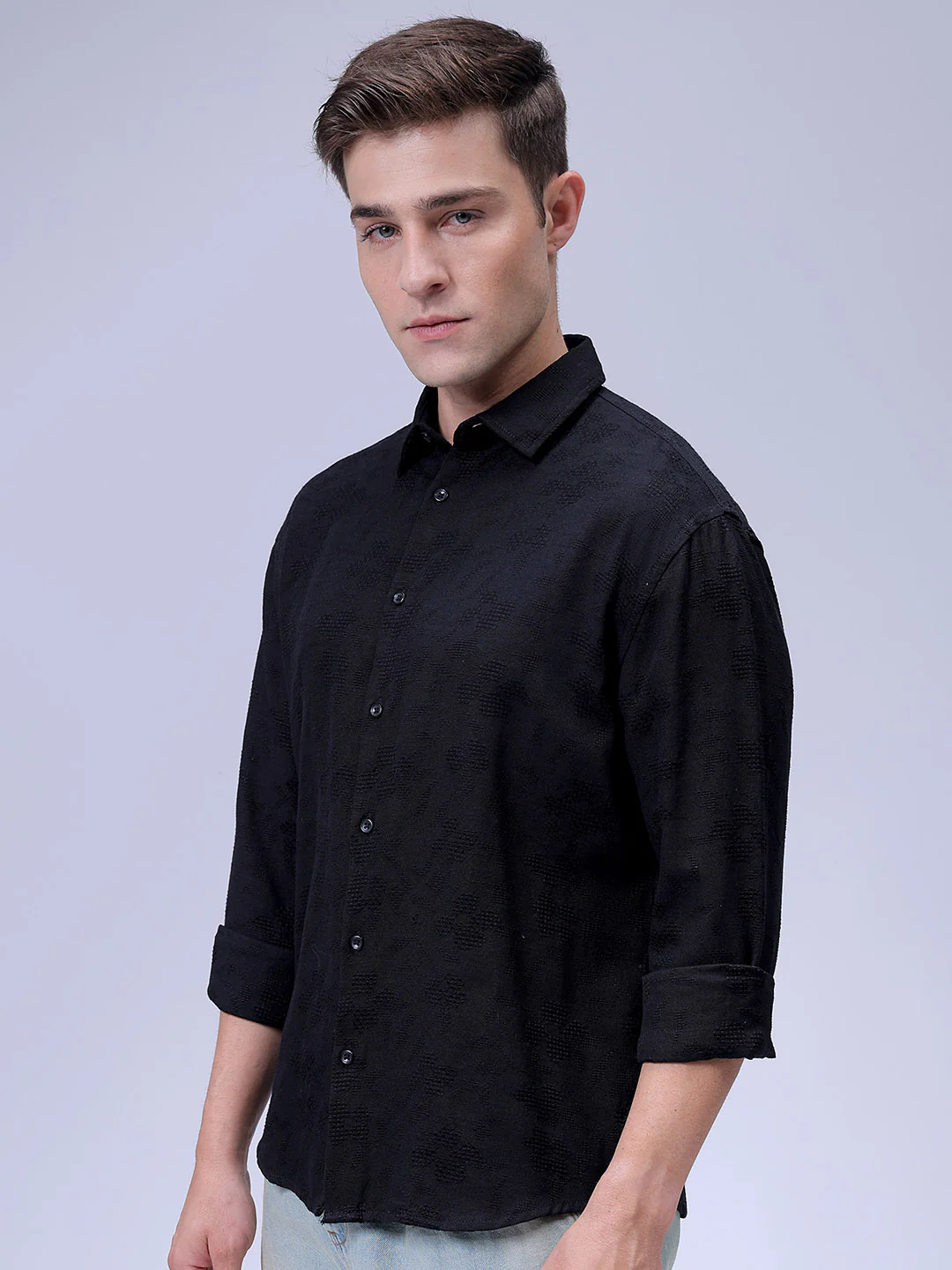 Men's Black Relaxed Fit Solid Resort Wear Shirt - Image 3