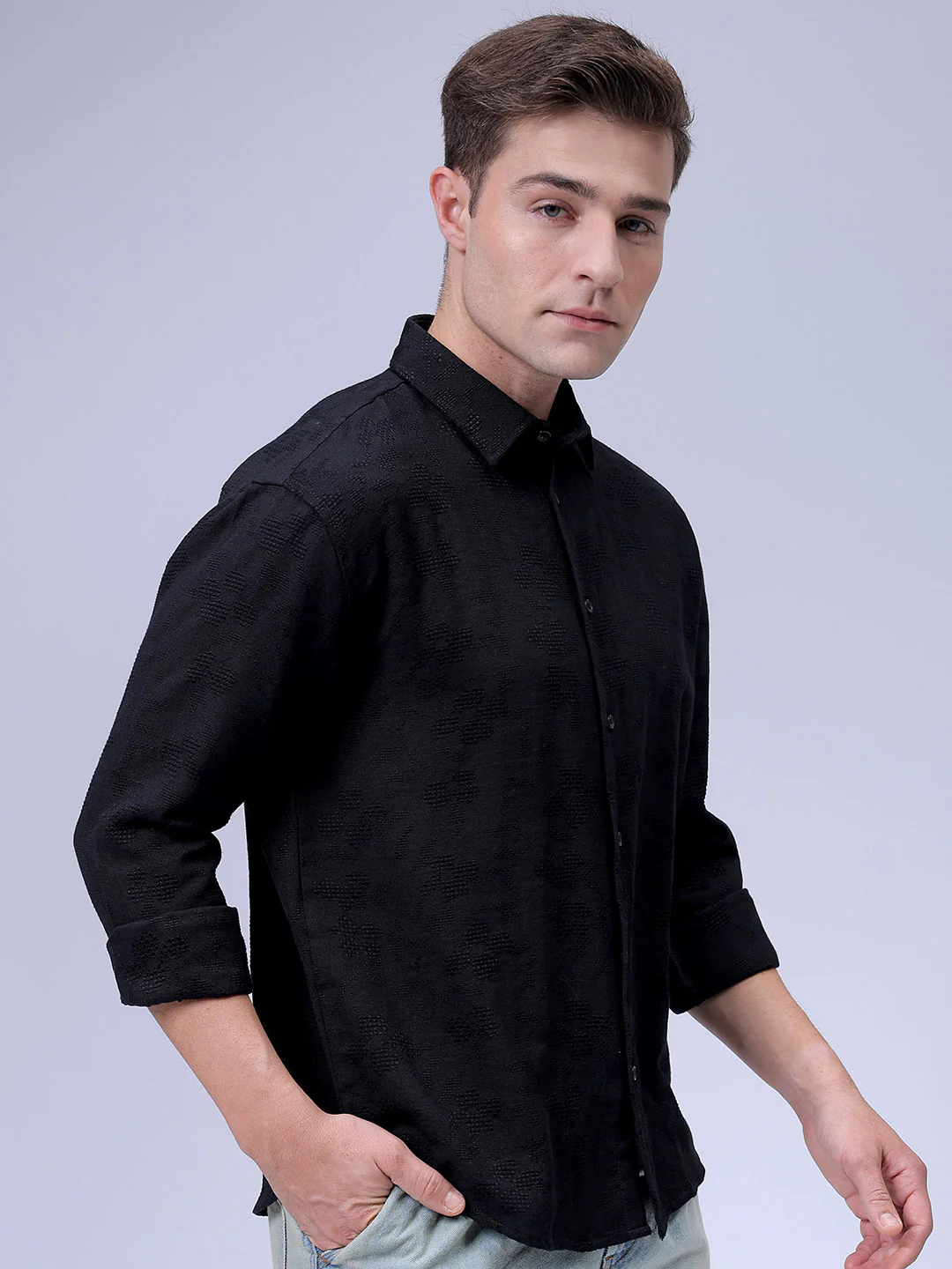 Men's Black Relaxed Fit Solid Resort Wear Shirt - Image 4
