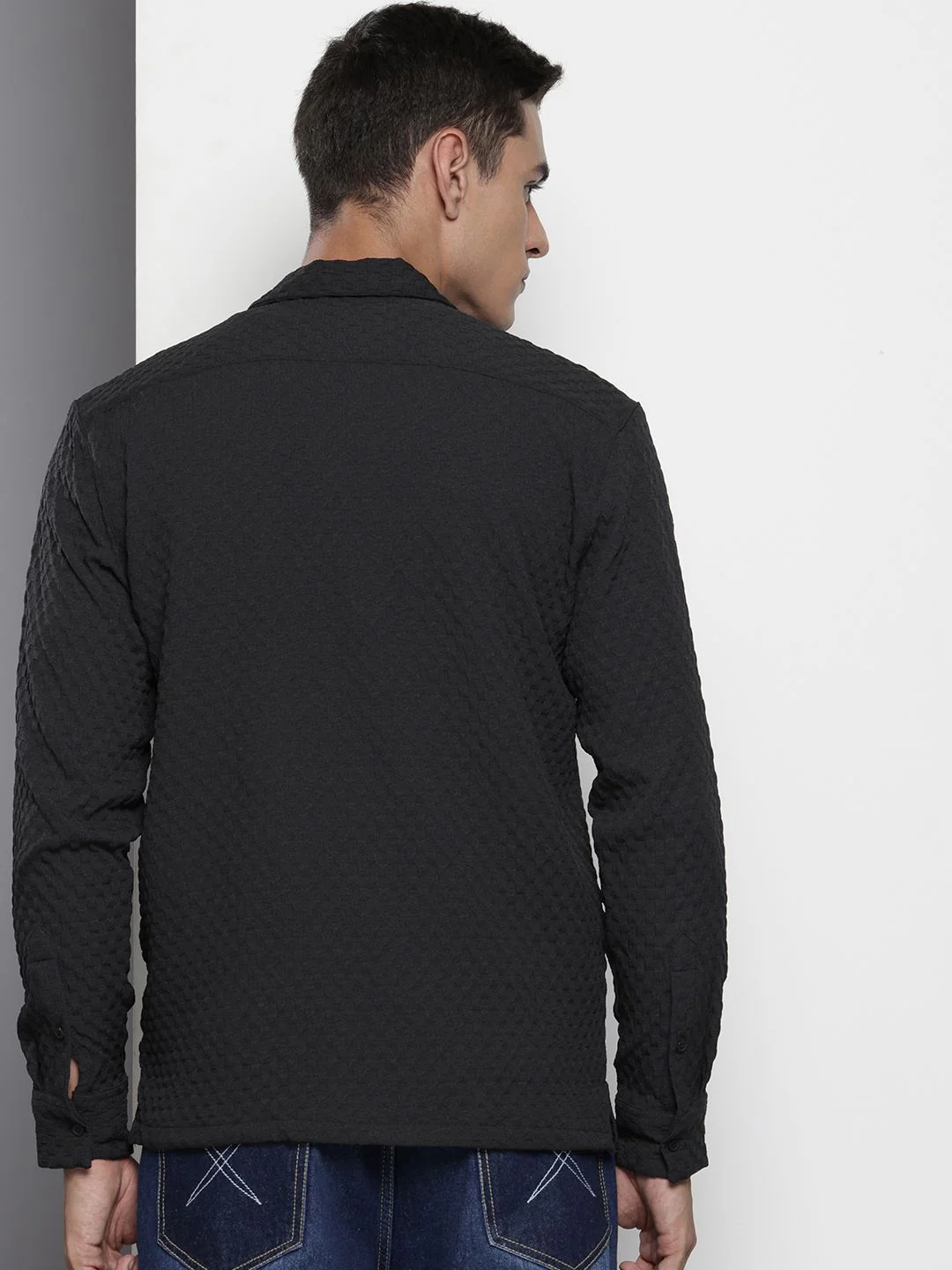 Men's Black Relaxed Fit Solid Textured Shirt - Image 3