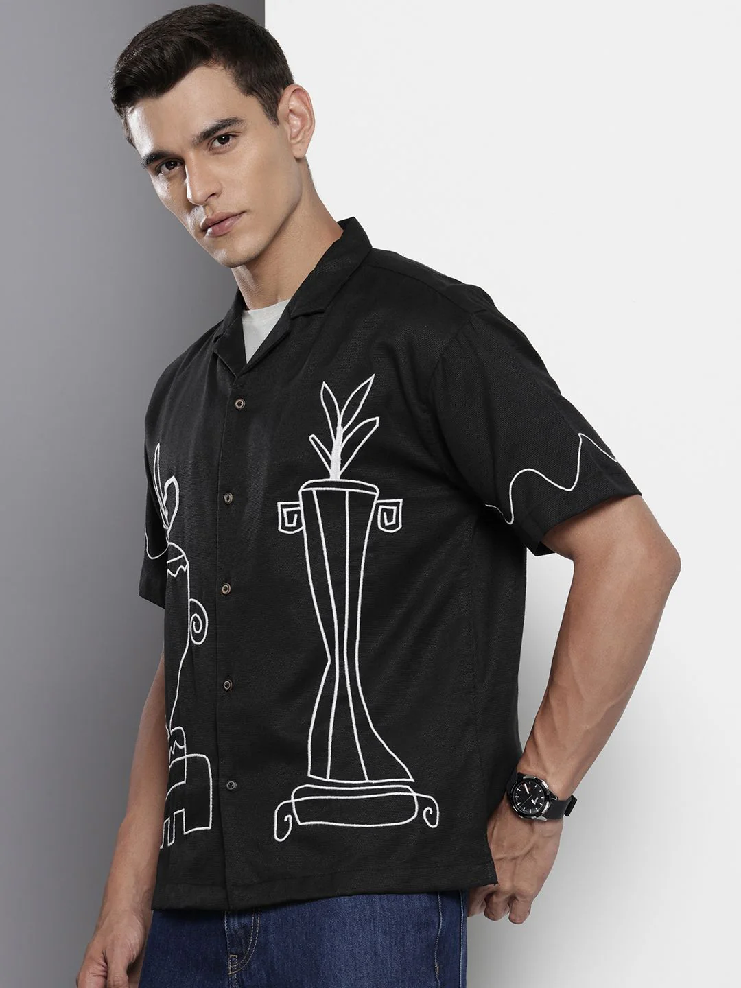 Men's Black Relaxed Fit  Embroidered Shirt - Image 2