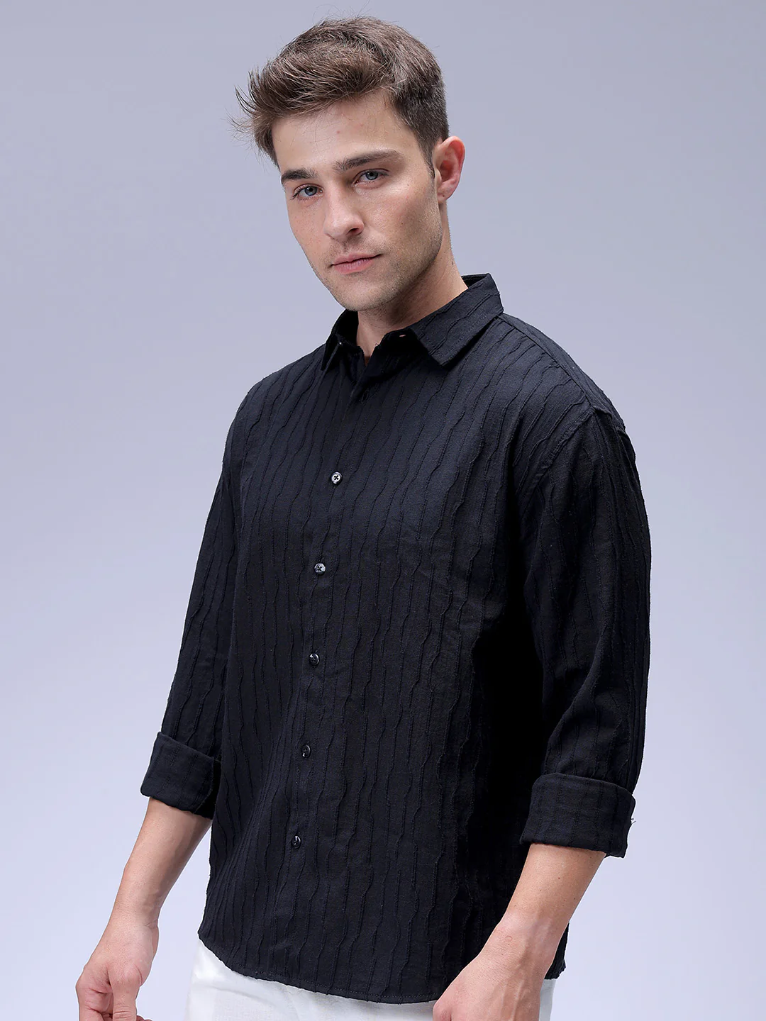 Men's Black Relaxed Fit Solid Resort Wear Shirt - Image 2
