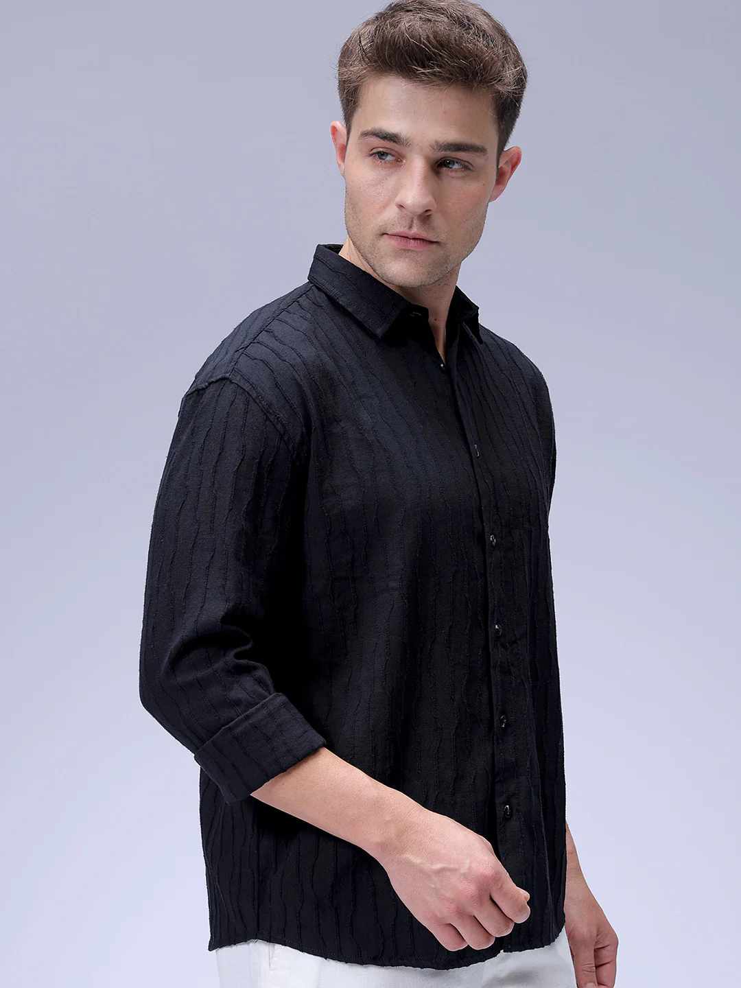 Men's Black Relaxed Fit Solid Resort Wear Shirt - Image 3