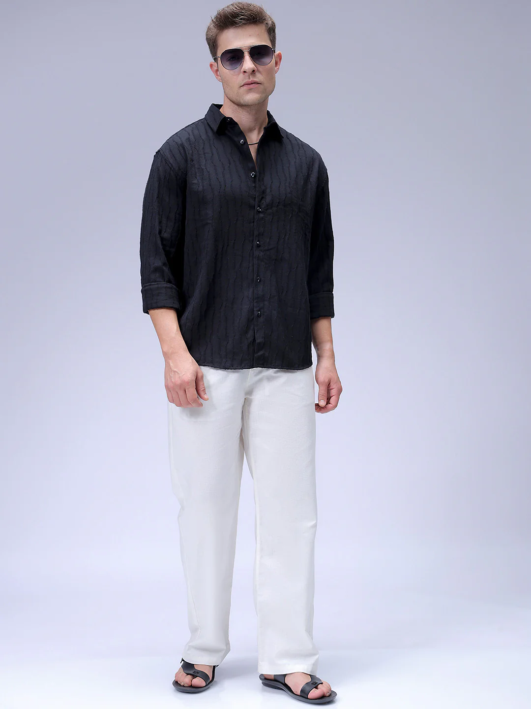 Men's Black Relaxed Fit Solid Resort Wear Shirt - Image 4