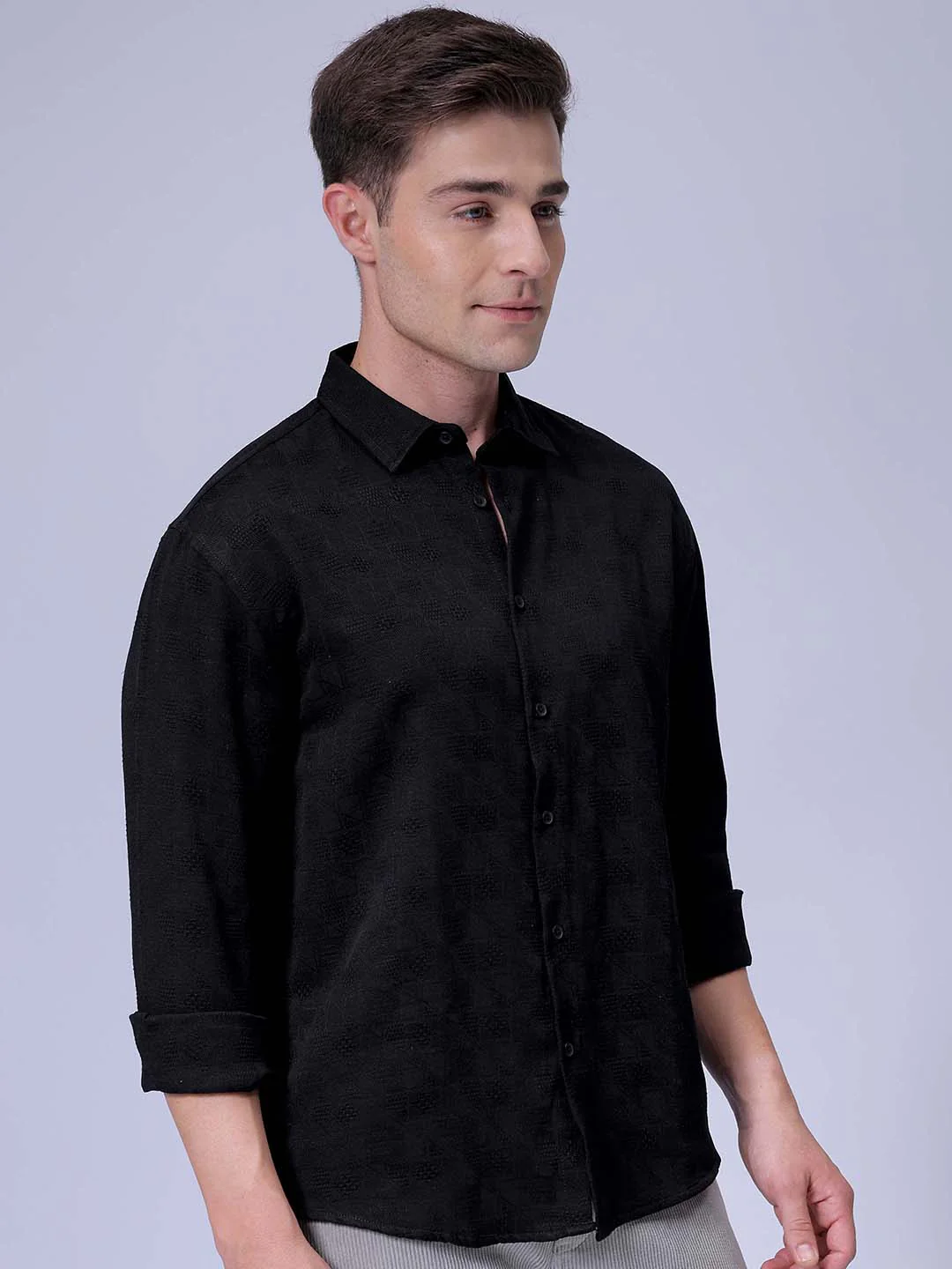 Men's Black Relaxed Fit Solid Resort Wear Shirt - Image 2