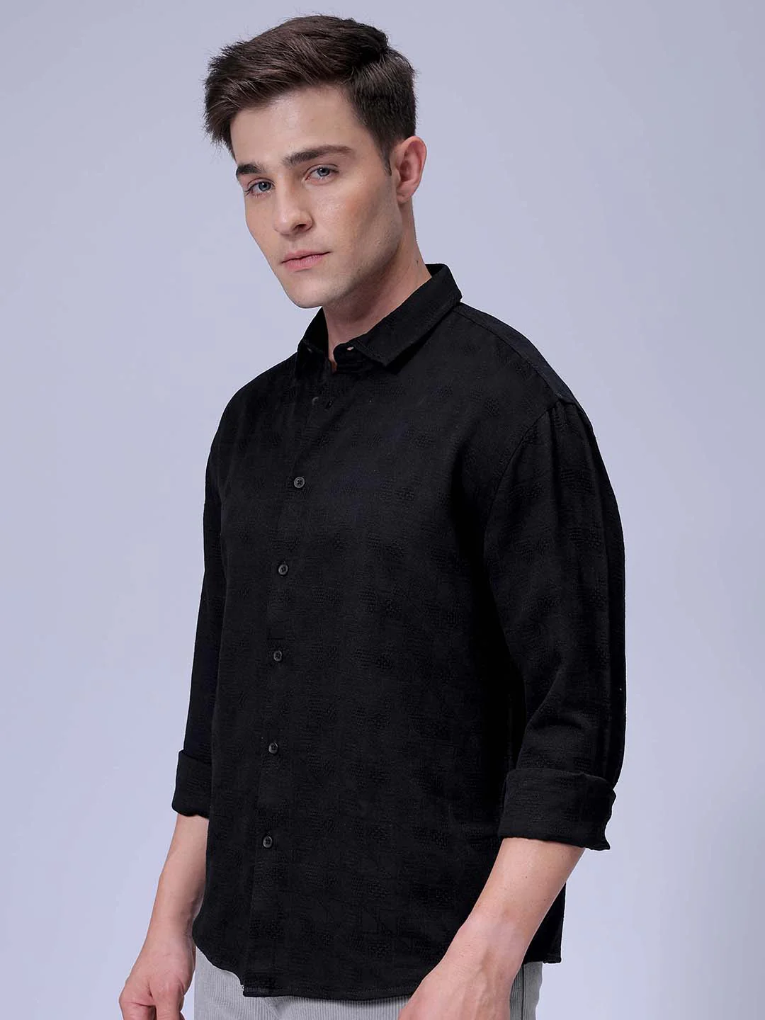 Men's Black Relaxed Fit Solid Resort Wear Shirt - Image 3