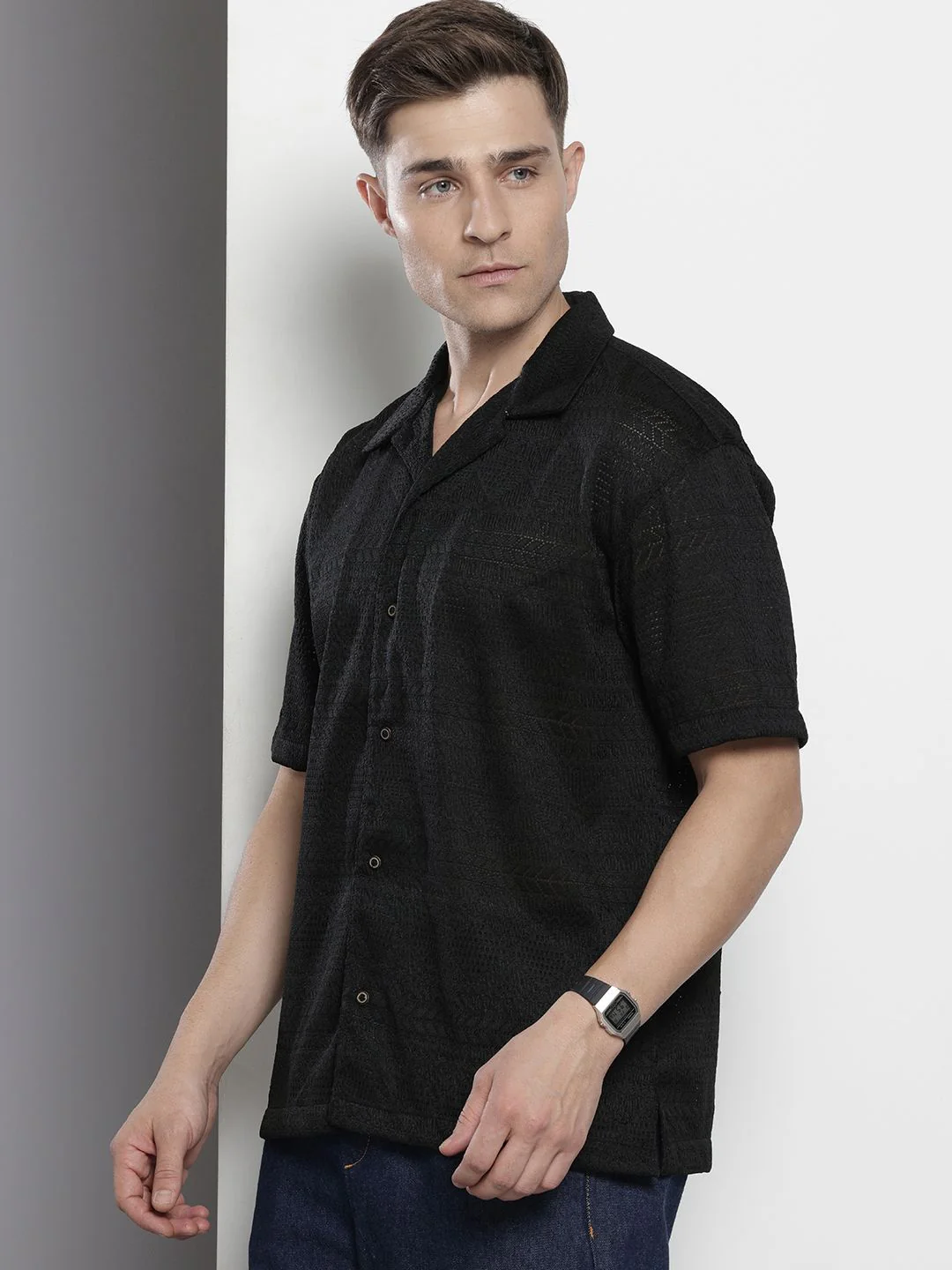 Men's Black Relaxed Fit Textured Textured Shirt - Image 2