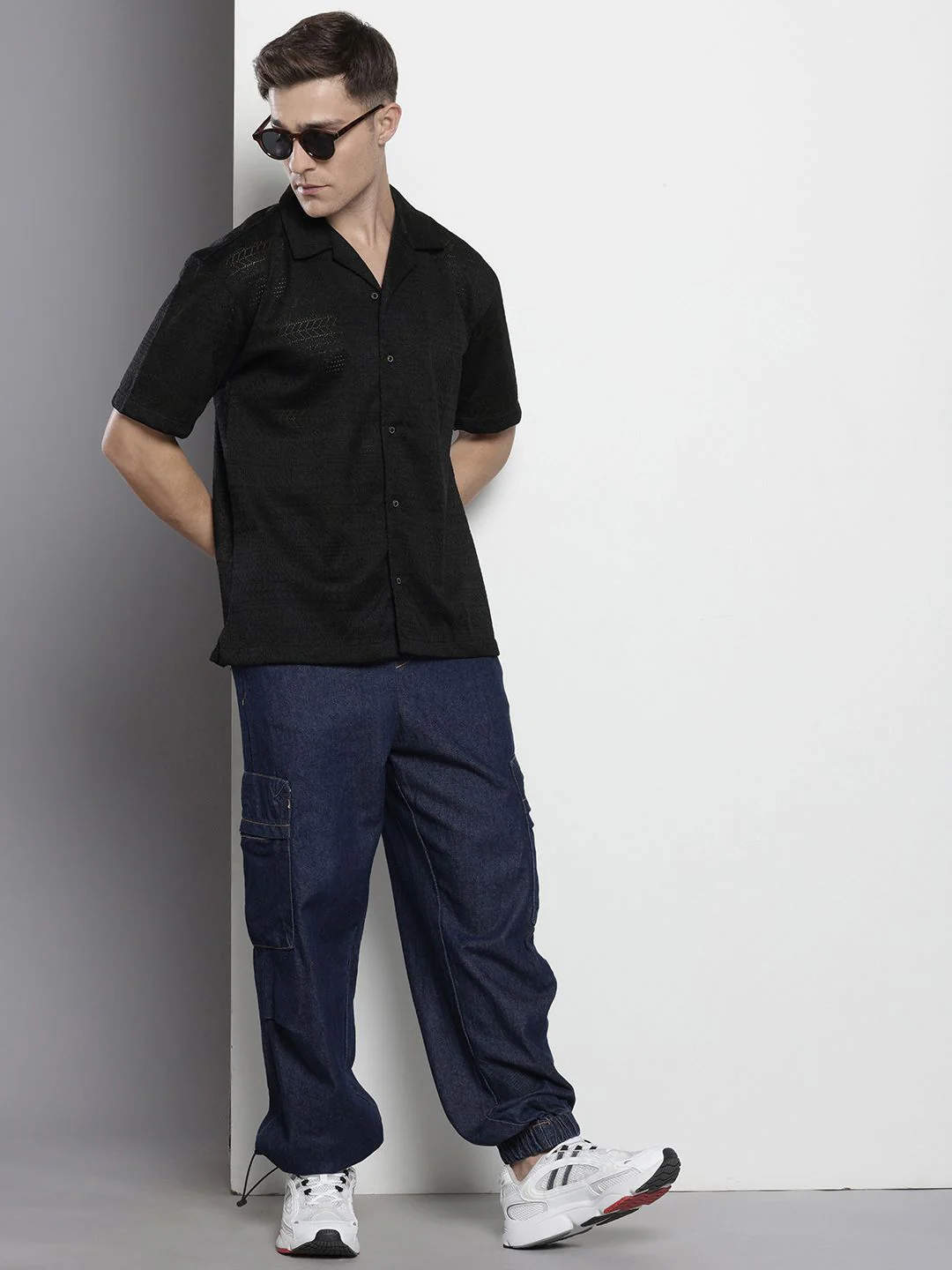 Men's Black Relaxed Fit Textured Textured Shirt - Image 3