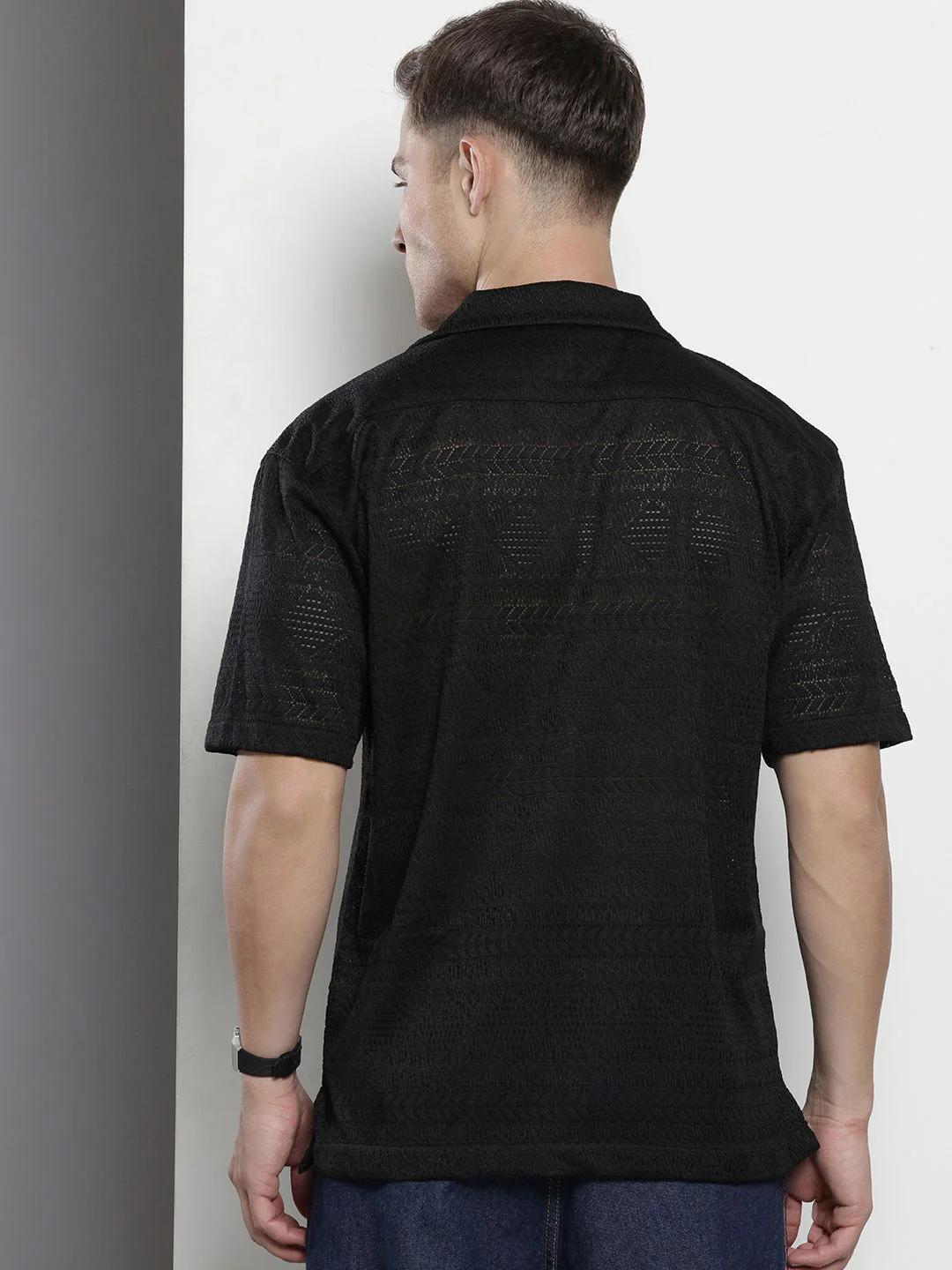 Men's Black Relaxed Fit Textured Textured Shirt - Image 4