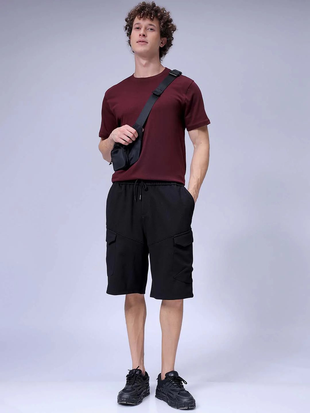 Men's Black Relaxed Fit Textured Utility Shorts - Image 4