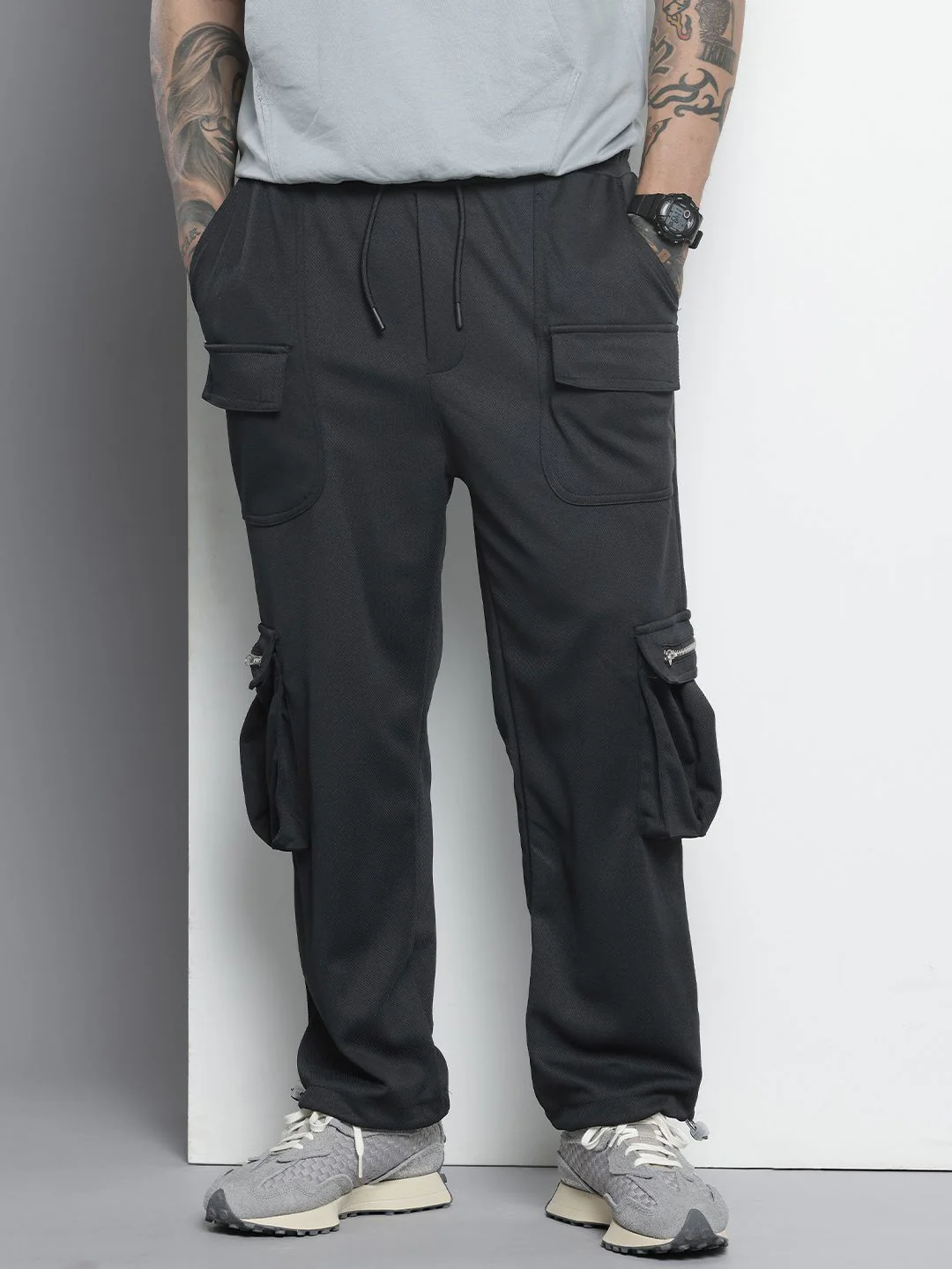 Men's Black Relaxed Fit Textured Street Wear Jogger - Image 3