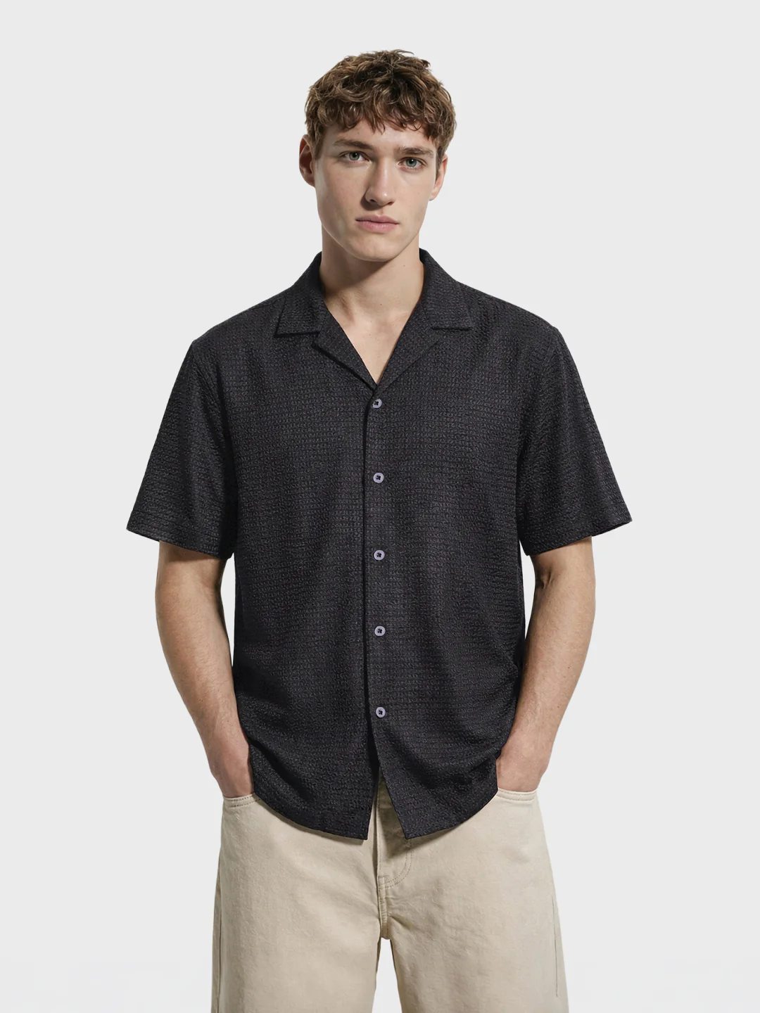 Men's Black Relaxed Fit Textured Resort Shirt - Image 2