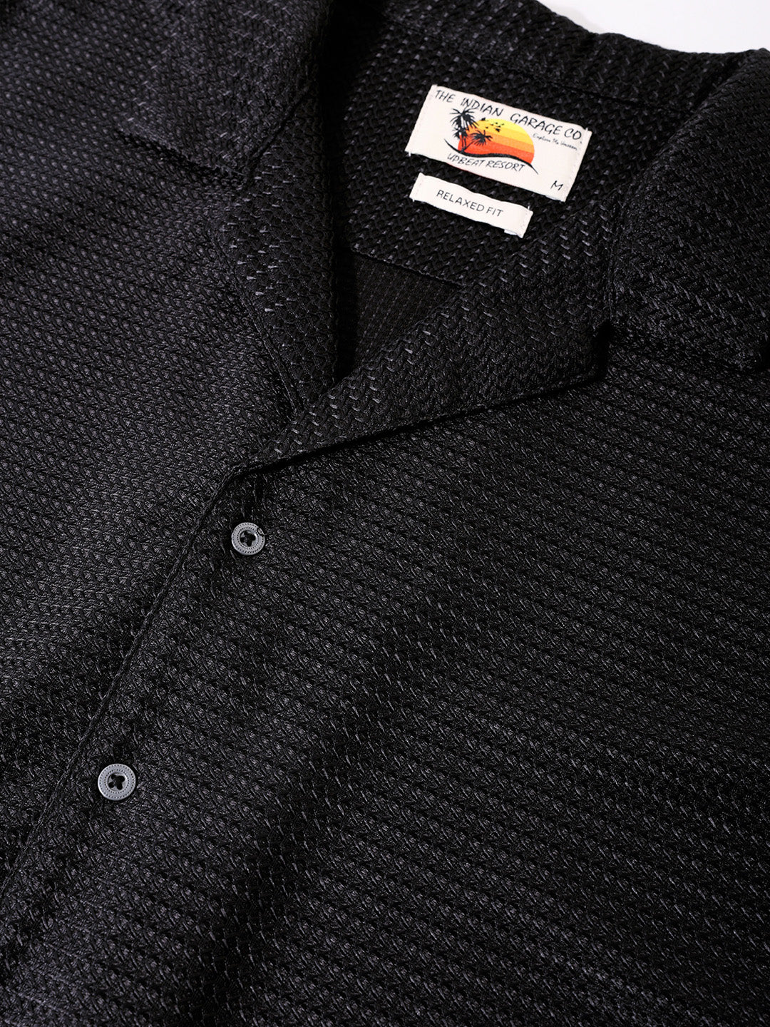 Men's Black Relaxed Fit Textured Resort Shirt - Image 6