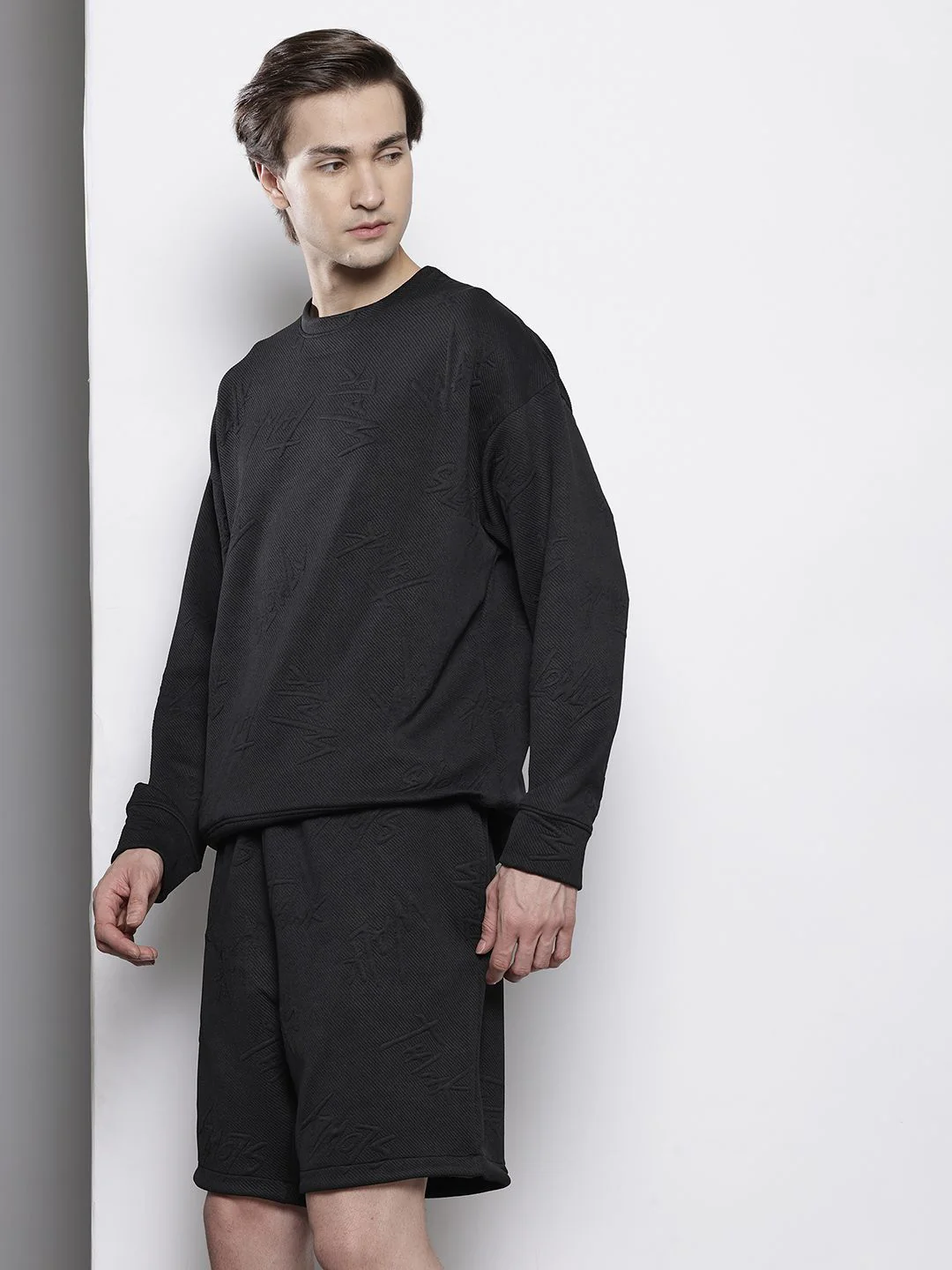Men's Black Self Design Relaxed Fit Coordinates - Image 2