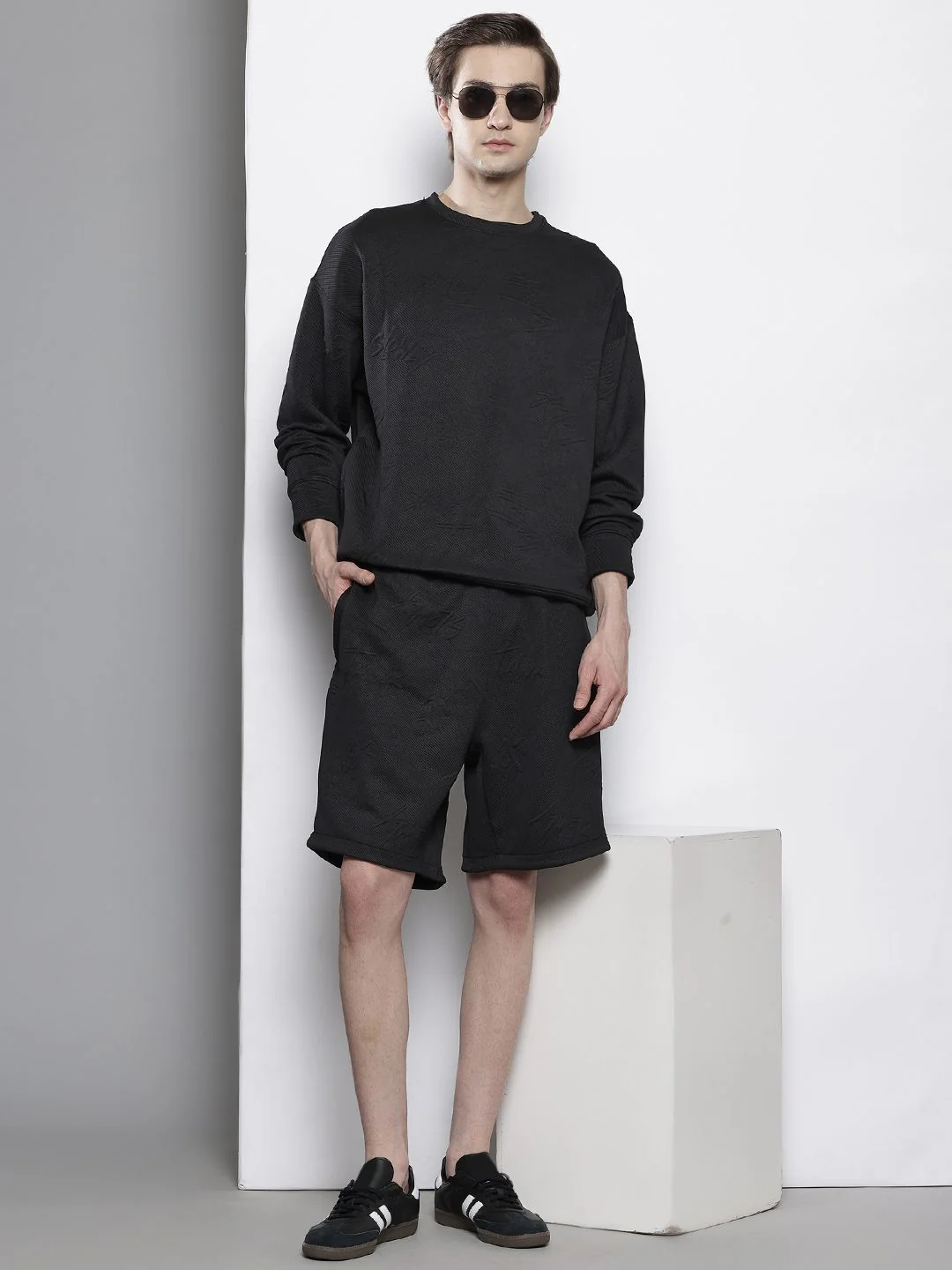 Men's Black Self Design Relaxed Fit Coordinates - Image 3