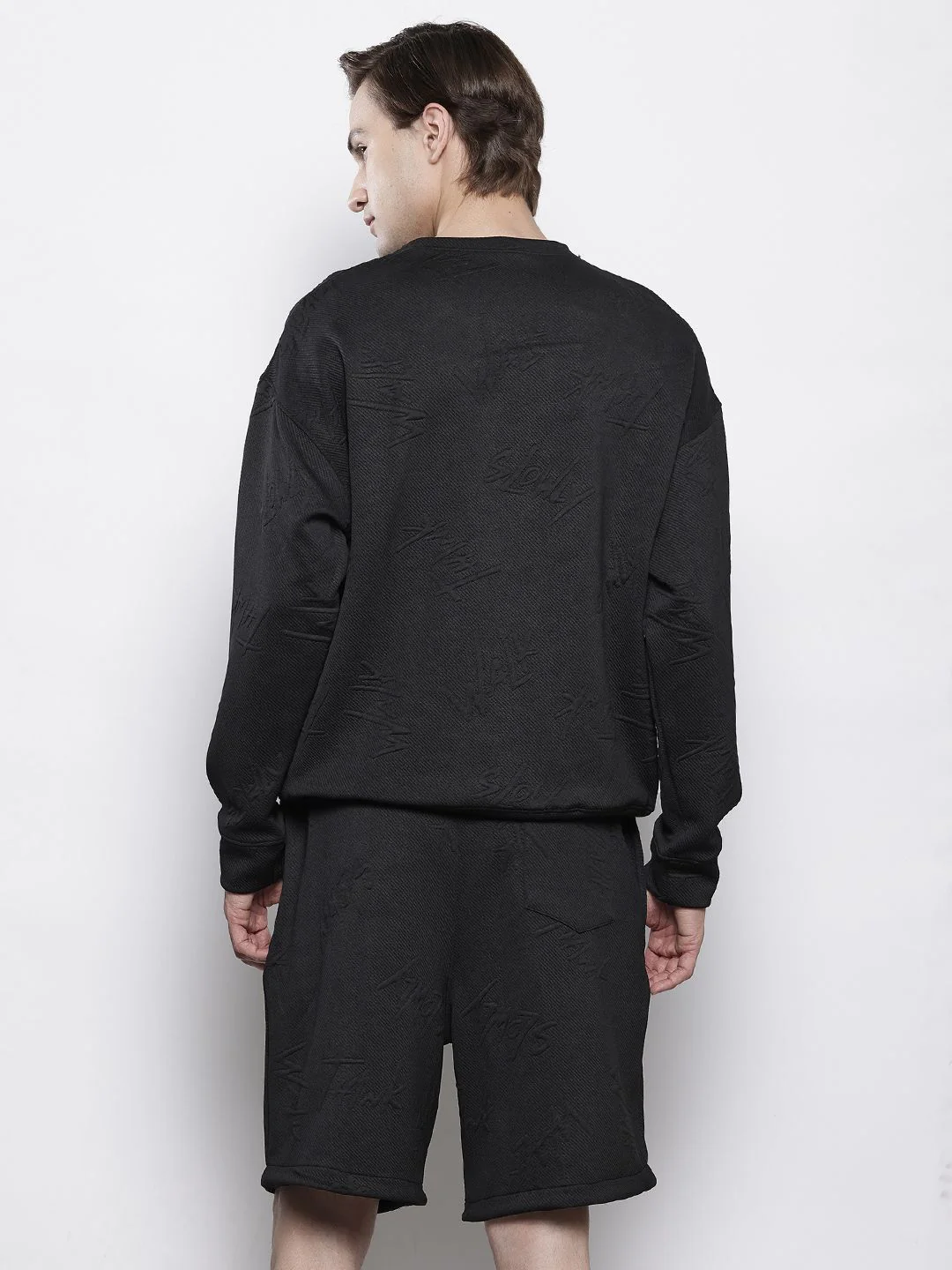 Men's Black Self Design Relaxed Fit Coordinates - Image 4