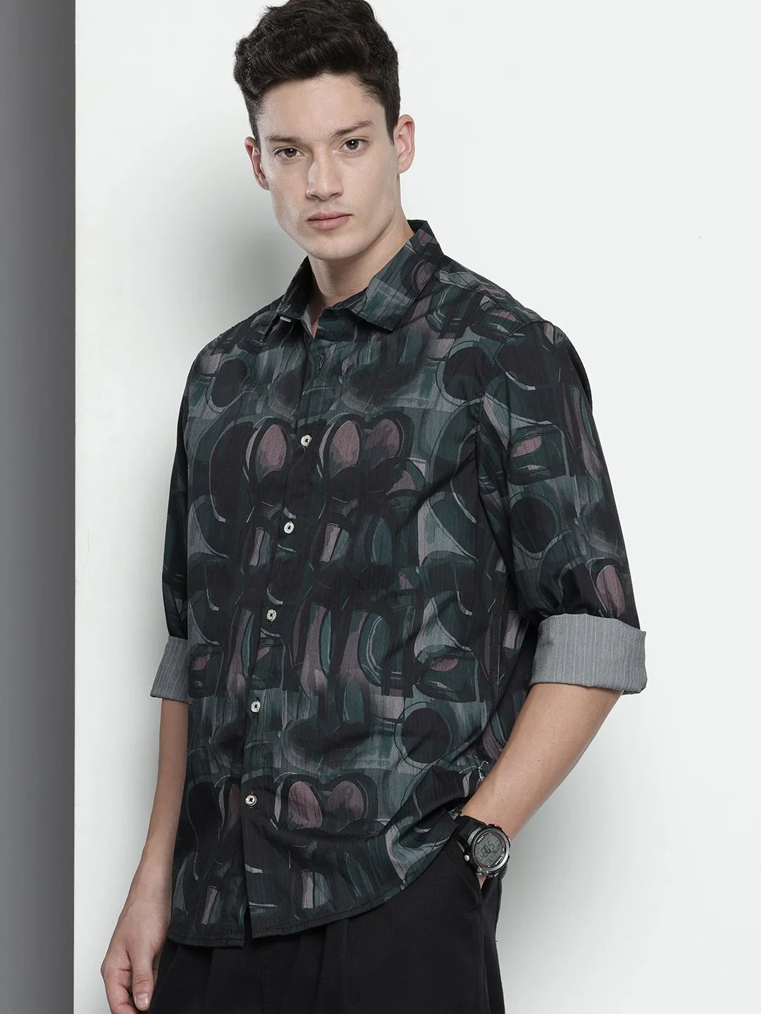 Men's Black Slim Fit Printed Party Wear Shirt - Image 2