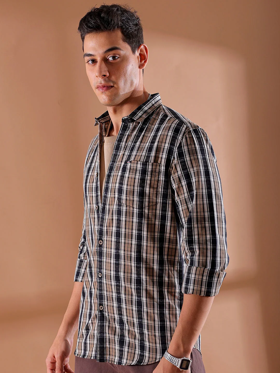 Men's Black Slim Fit Checkered Casual Shirt - Image 3
