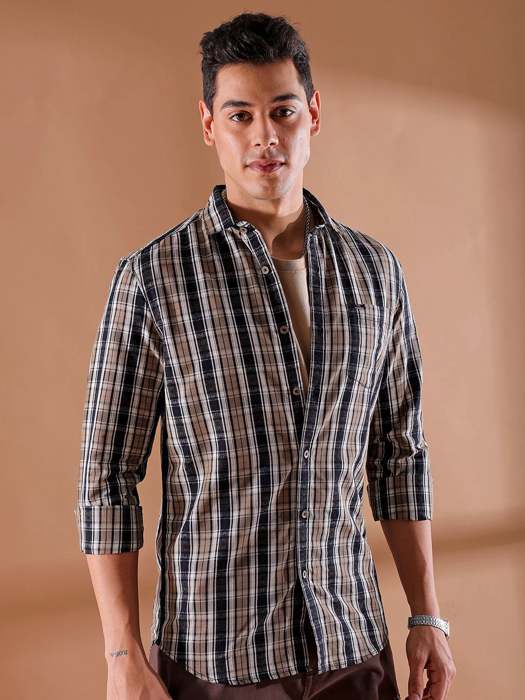 Men's Black Slim Fit Checkered Casual Shirt - Image 4