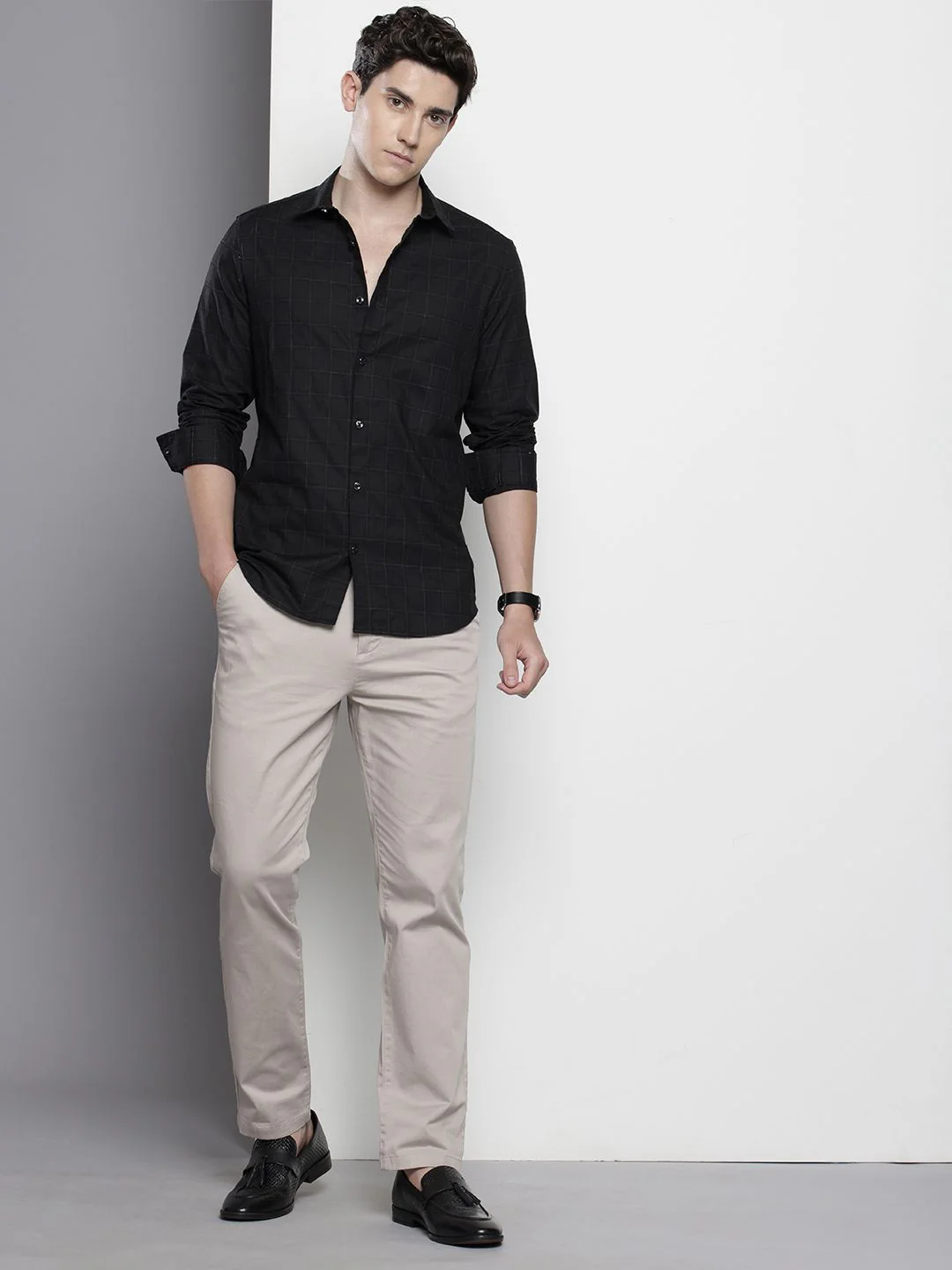 Men's Black Slim Fit Checked Casual Shirt - Image 4