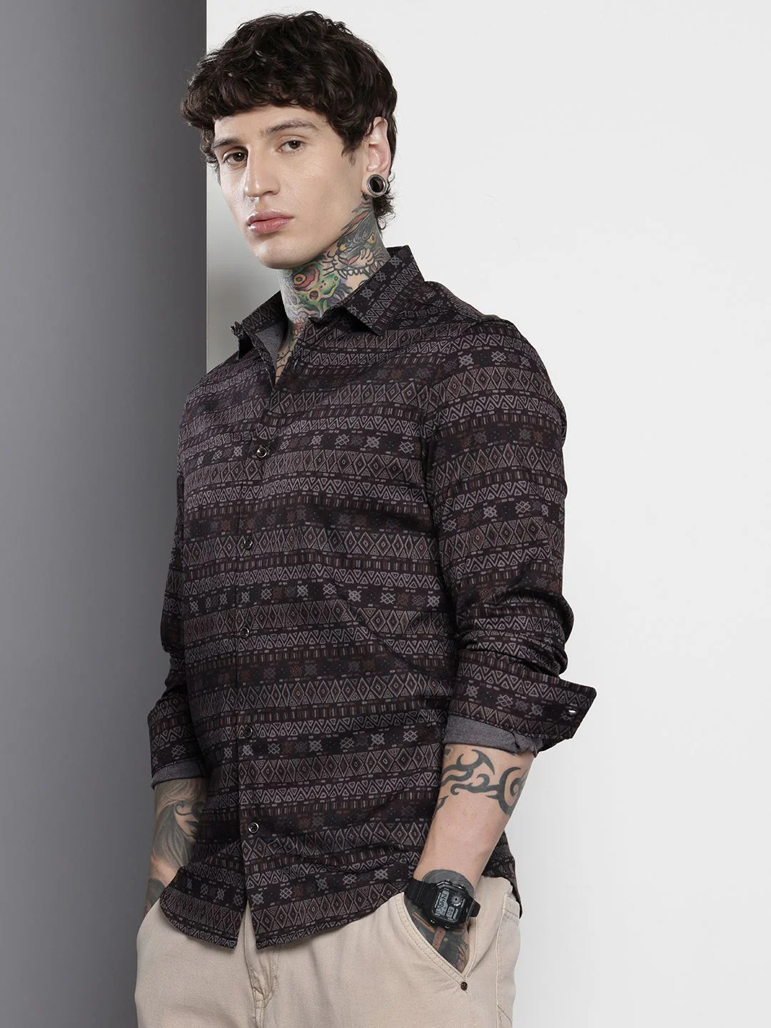 Men's Black Slim Fit Printed Party Wear Shirt - Image 2