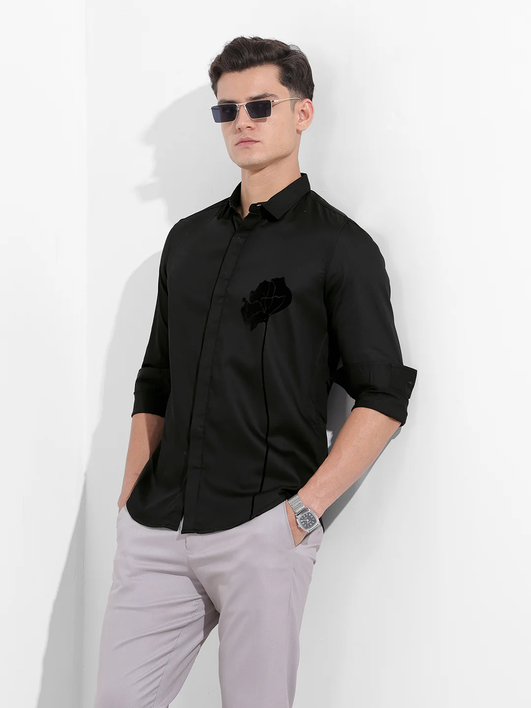 Men's Black Slim Fit Embraided Party Wear Shirt - Image 2