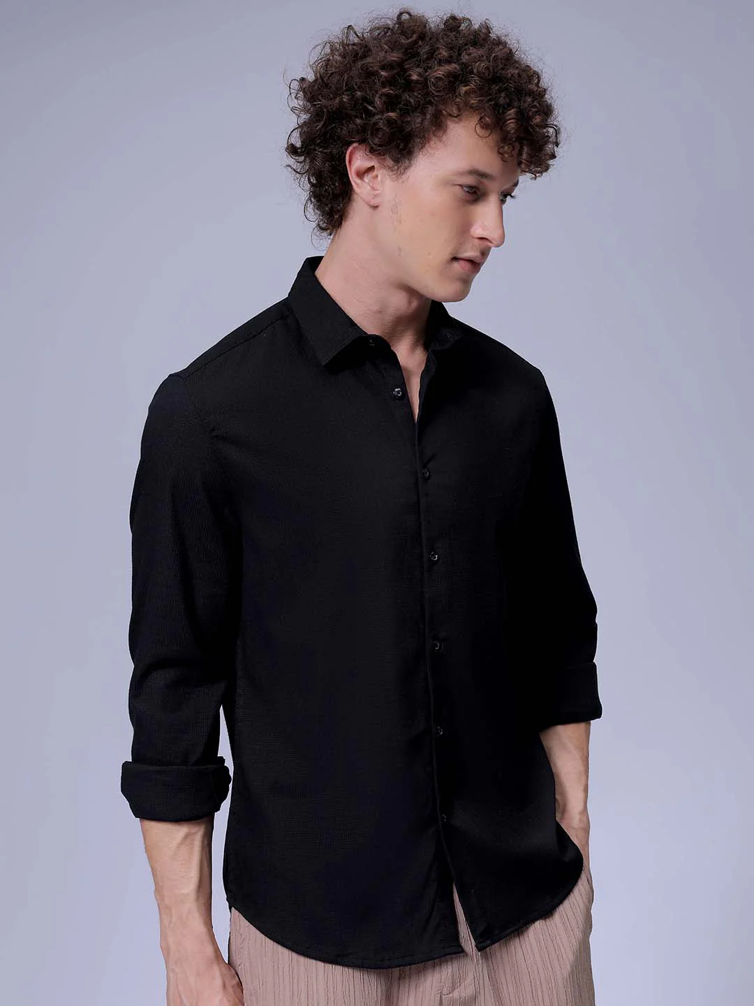 Men's Black Slim Fit Solid Textured Shirt - Image 3