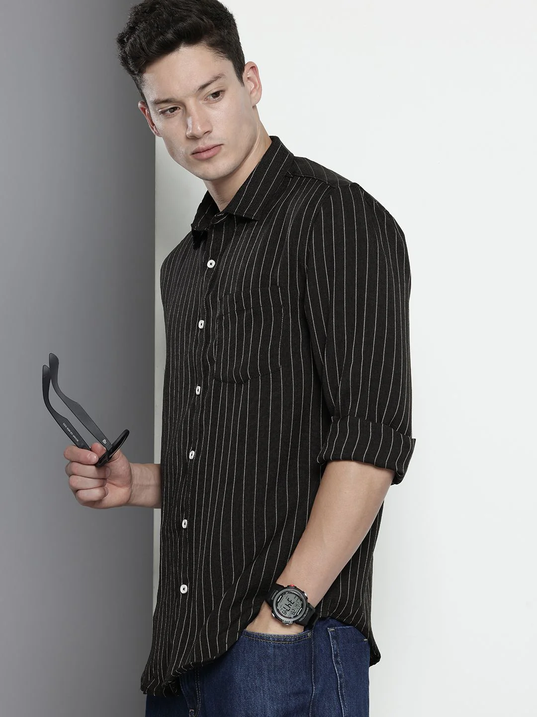 Men's Black Slim Fit Striped Casual Shirt - Image 2