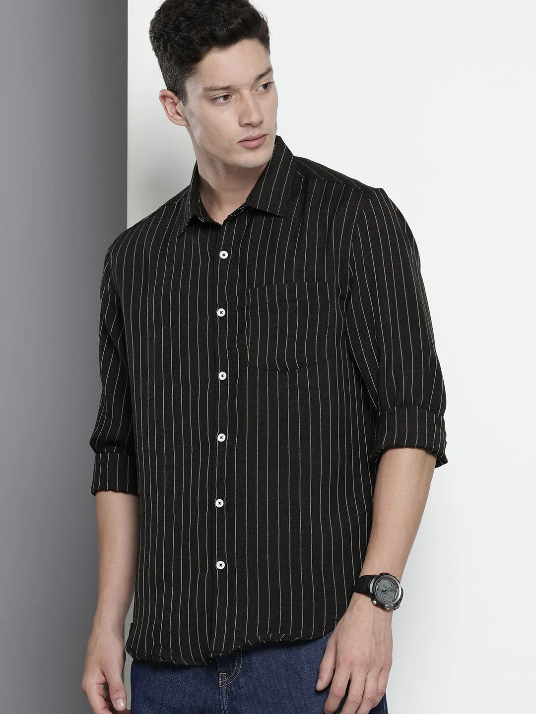 Men's Black Slim Fit Striped Casual Shirt - Image 4