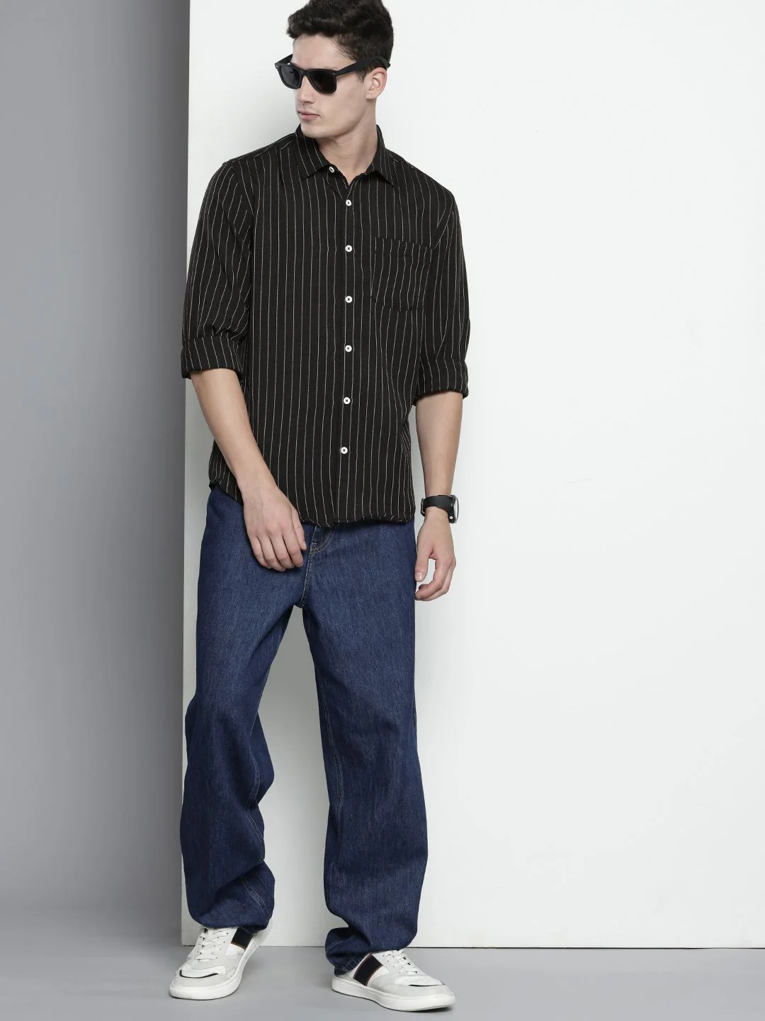 Men's Black Slim Fit Striped Casual Shirt - Image 5