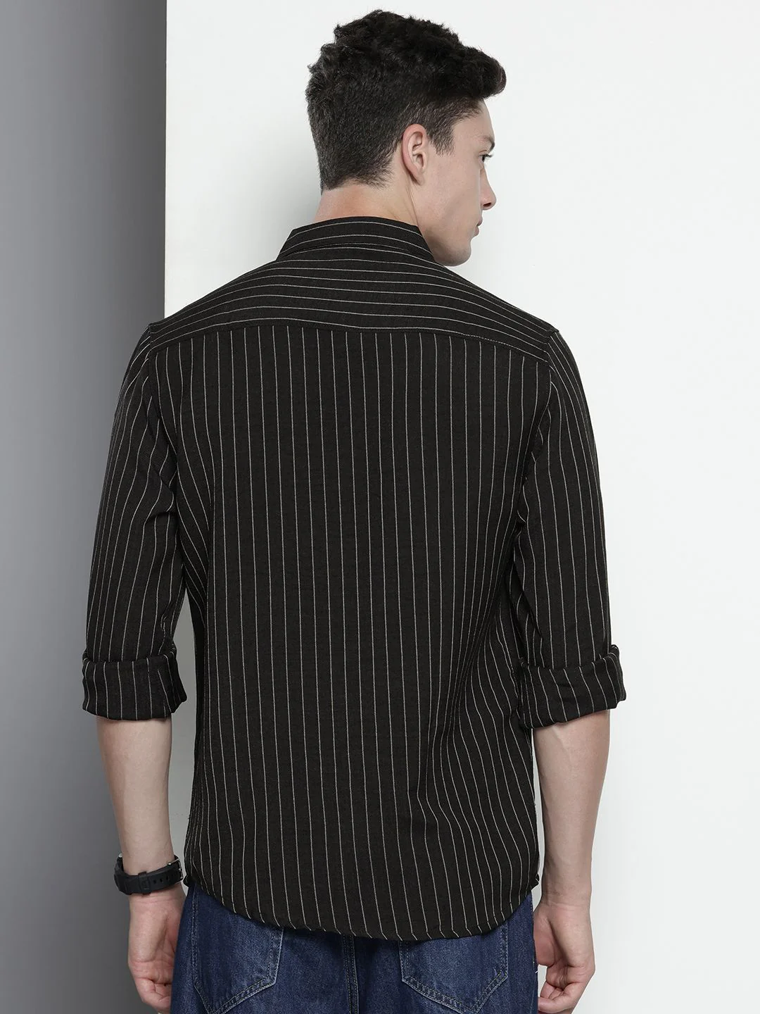 Men's Black Slim Fit Striped Casual Shirt - Image 6