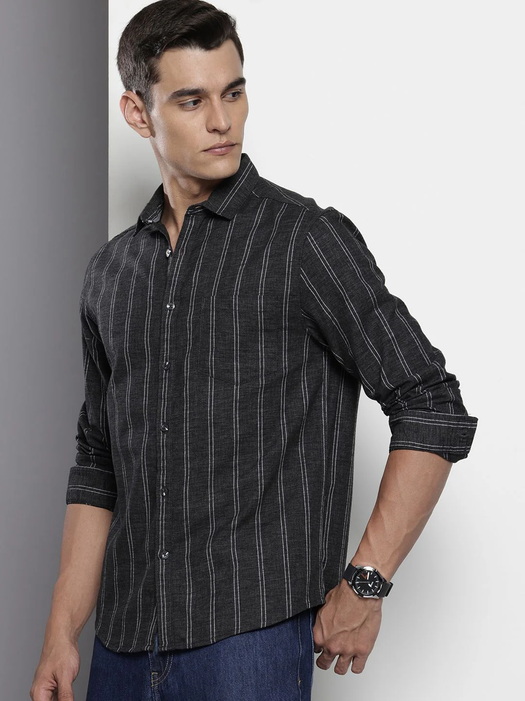 Men's Black Slim Fit Striped Casual Shirt - Image 2