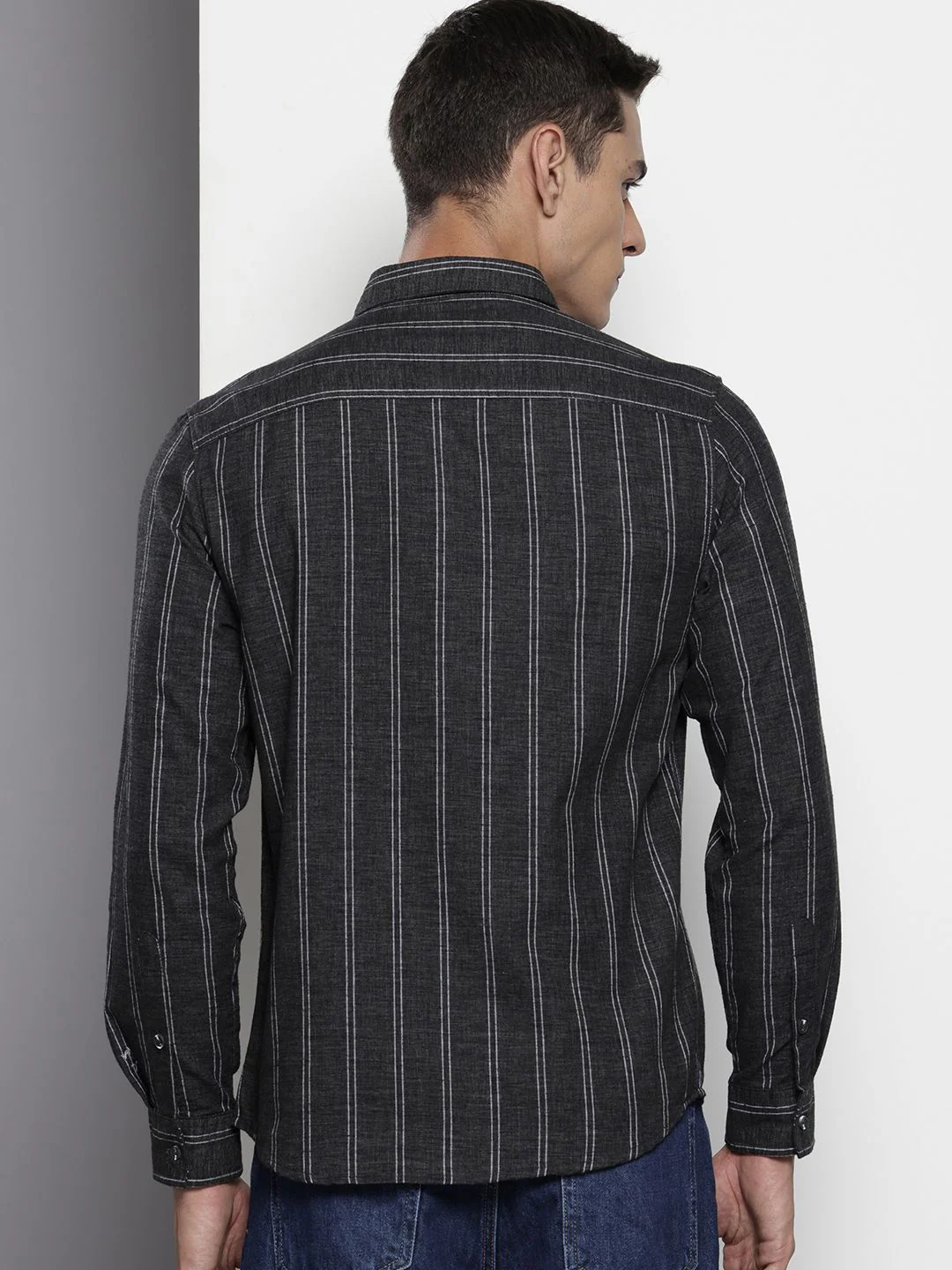 Men's Black Slim Fit Striped Casual Shirt - Image 4