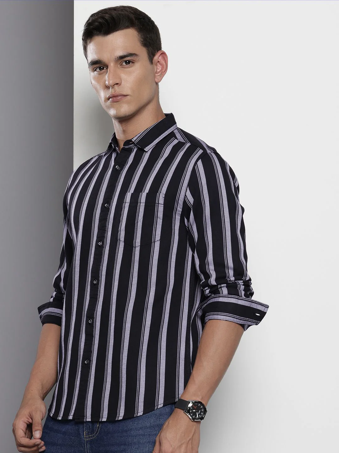 Men's Black Slim Fit Striped Casual Shirt - Image 3
