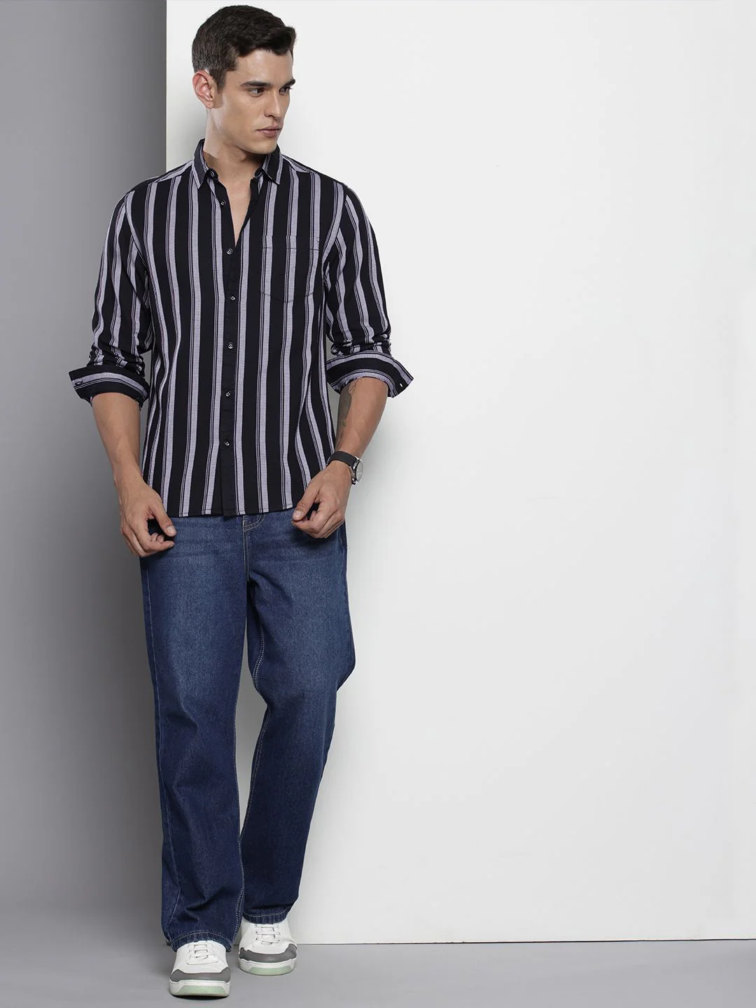 Men's Black Slim Fit Striped Casual Shirt - Image 4